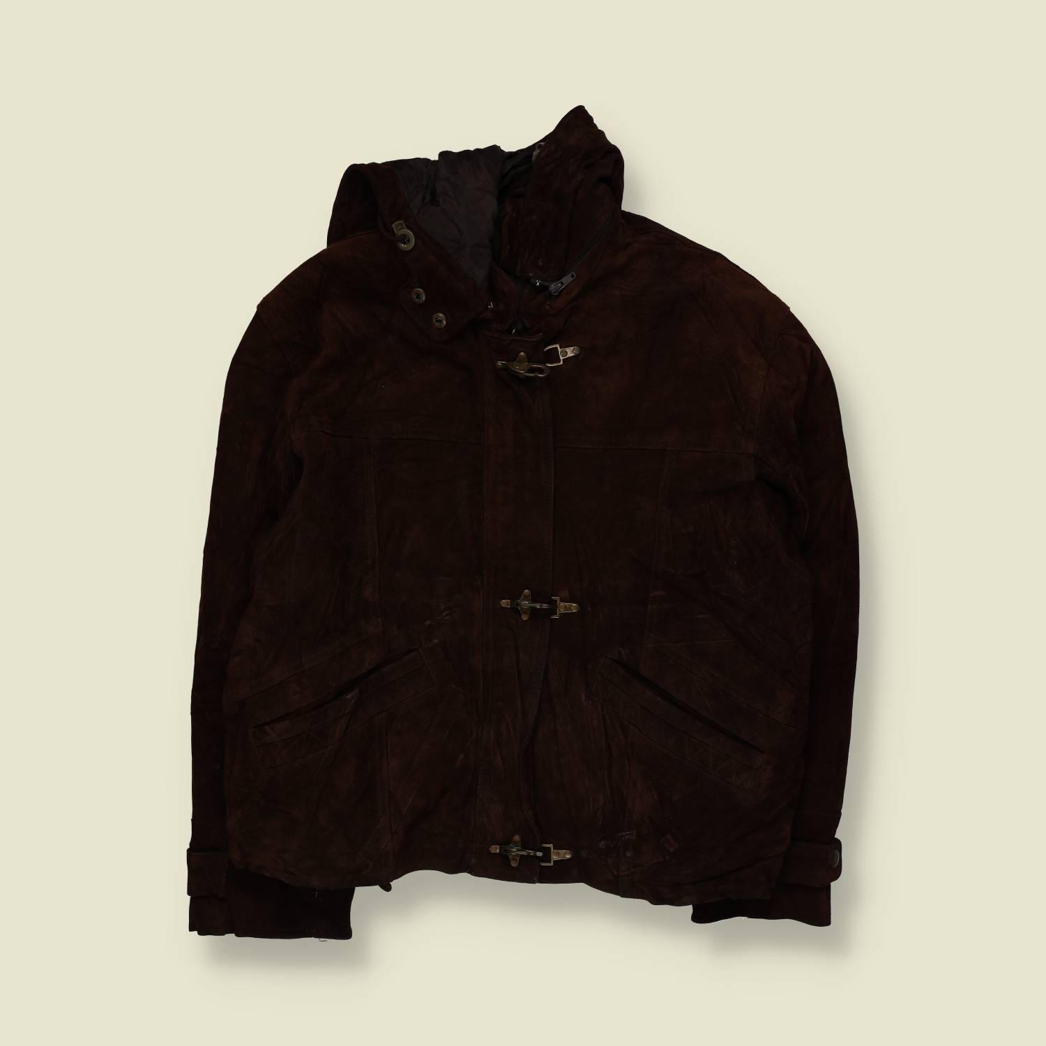 1980s | Suede Fireman Clasp Hooded Jacket | Brown – L