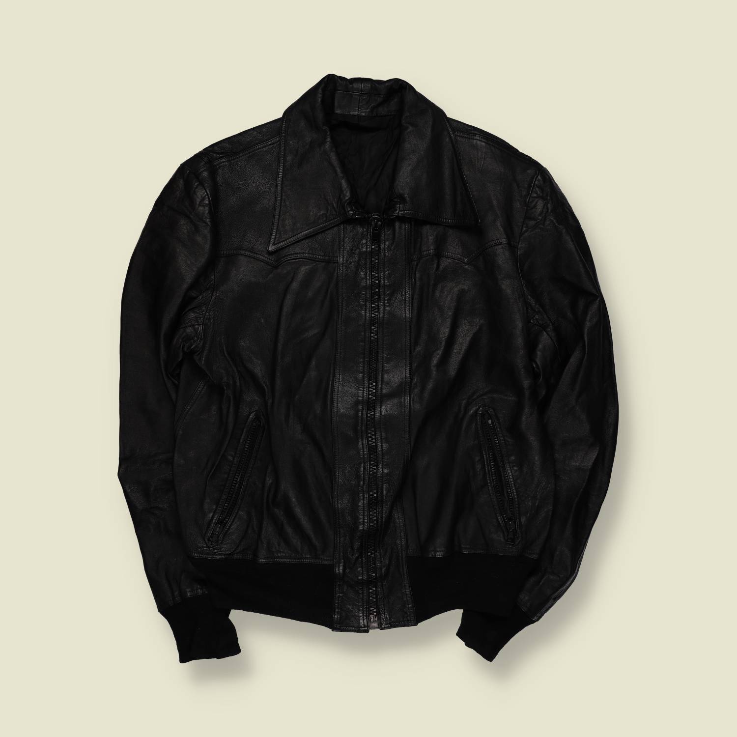 1970s | Leather Bomber Jacket | Western Style | Black - S