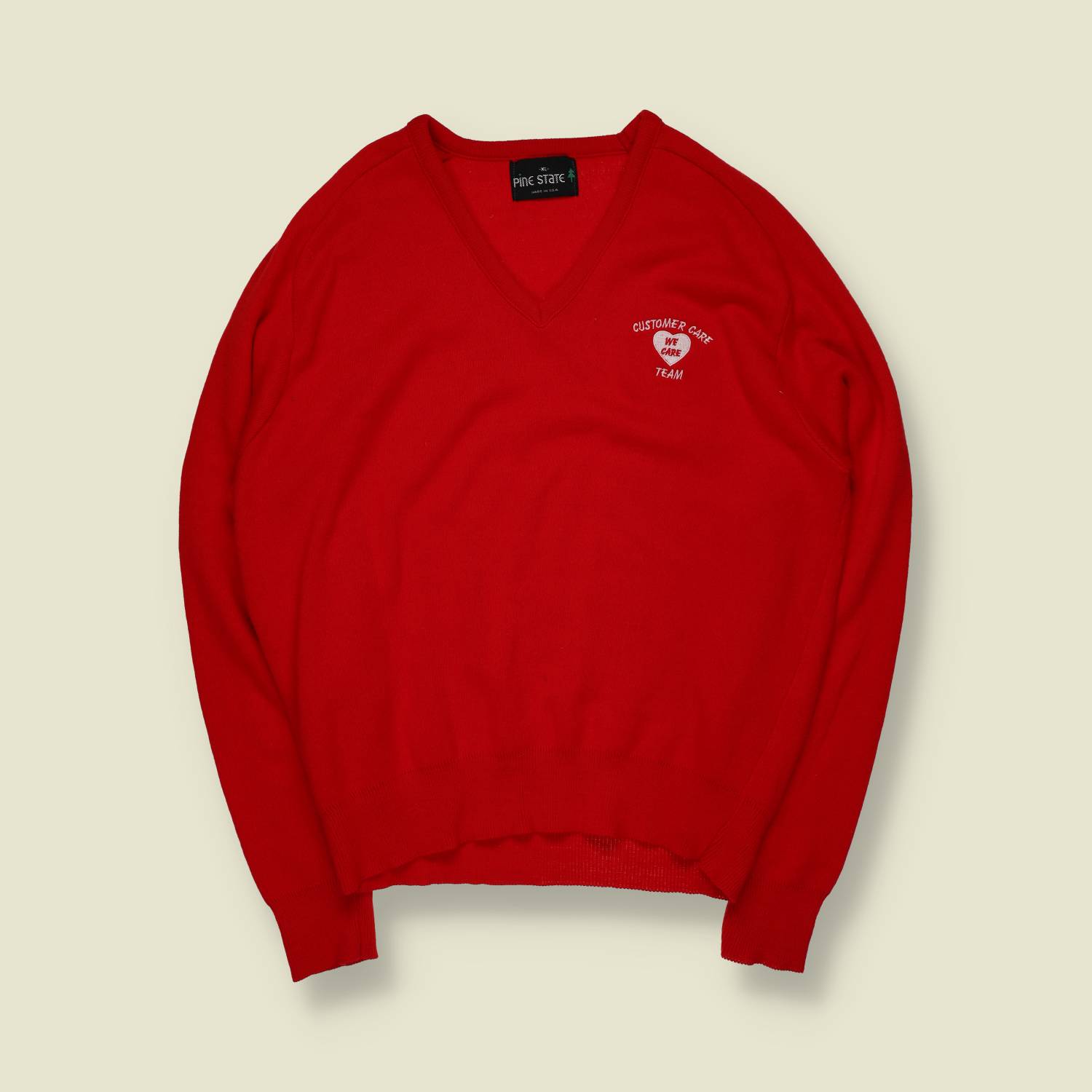 1970s | Pine State | V-Neck Knit | Red | Made In USA – L