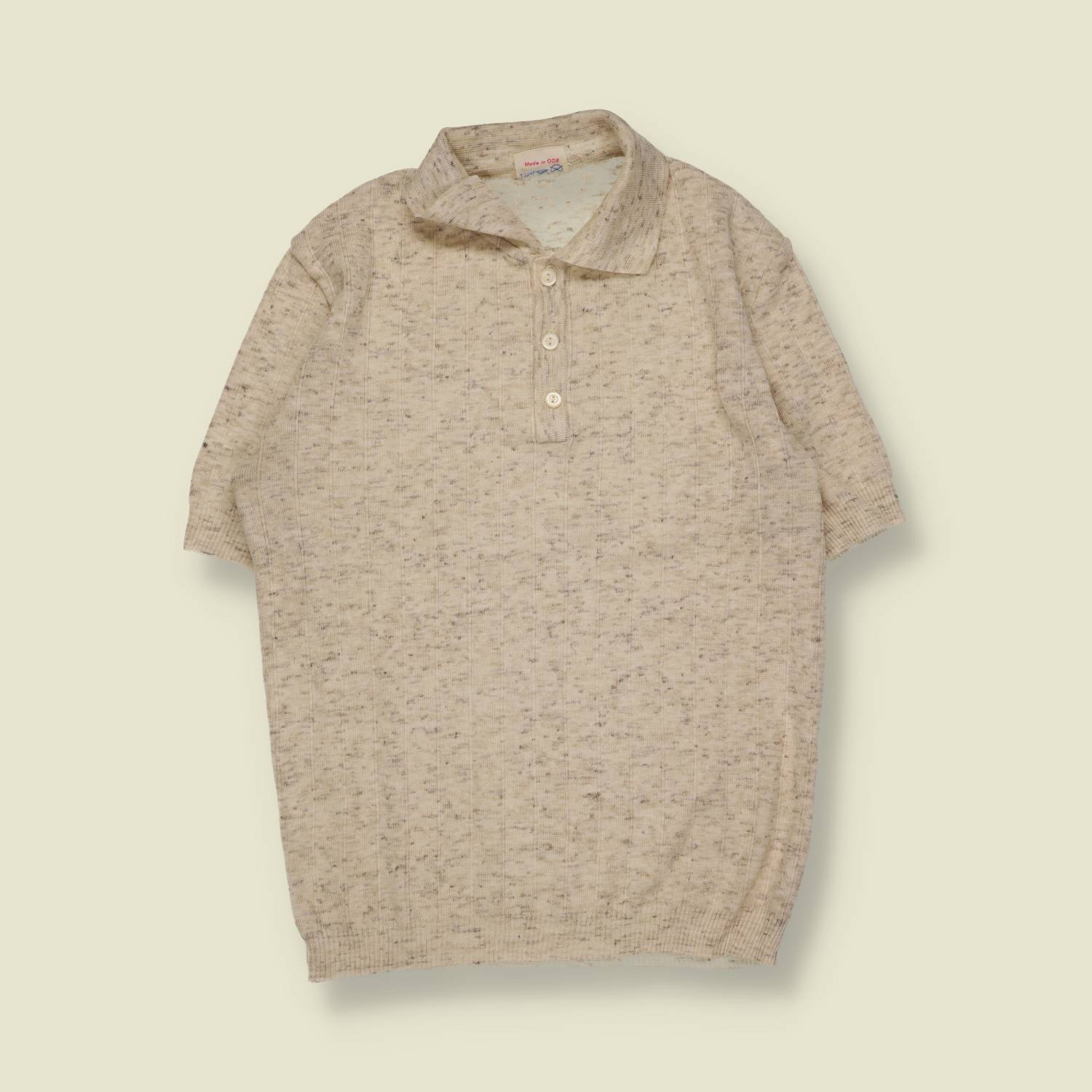 1970s | Made In GDR | Knit Polo Shirt | Oatmeal Fleck - S