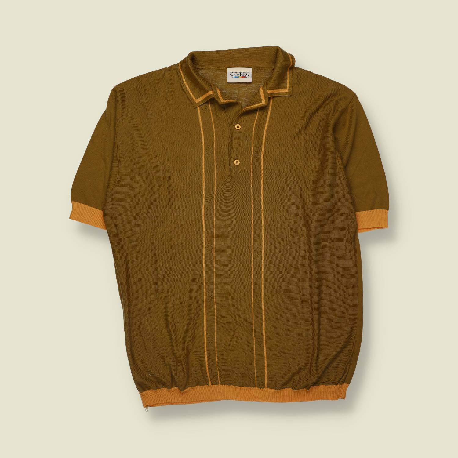1980s | Sevres | Knit Polo Shirt | Olive And Tan - L
