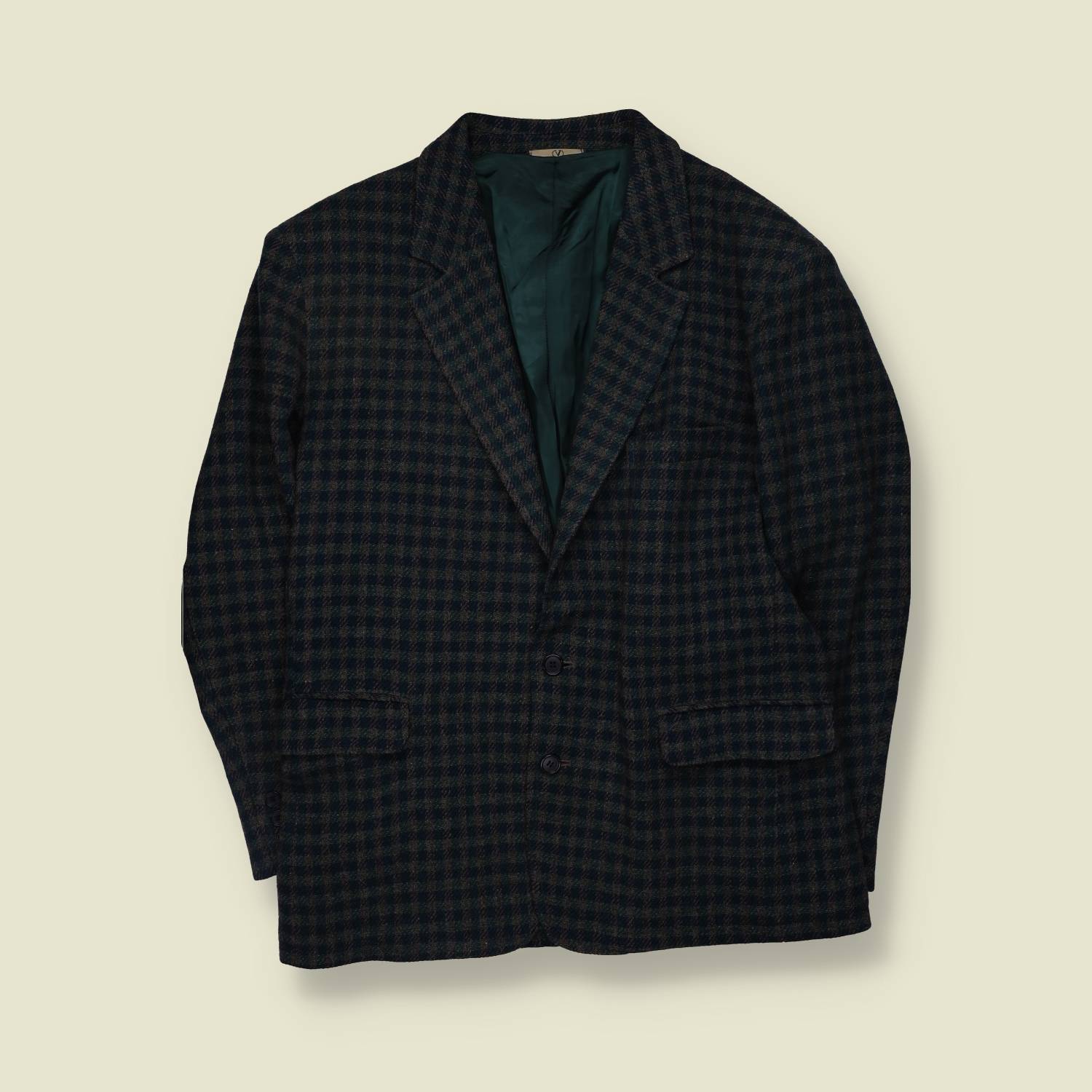 1990s | Valentino | Made In Italy | Check Blazer | Green And Navy - XL