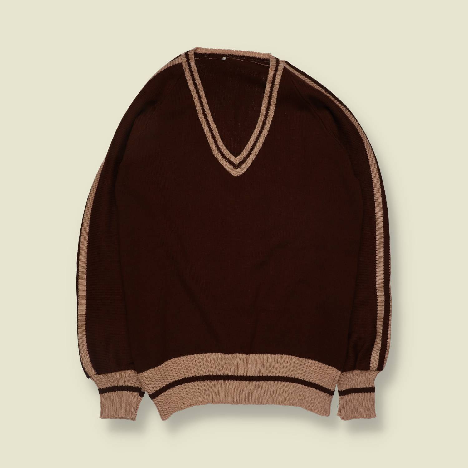 1970s | V-Neck Knit Jumper | Brown And Cream - XXS