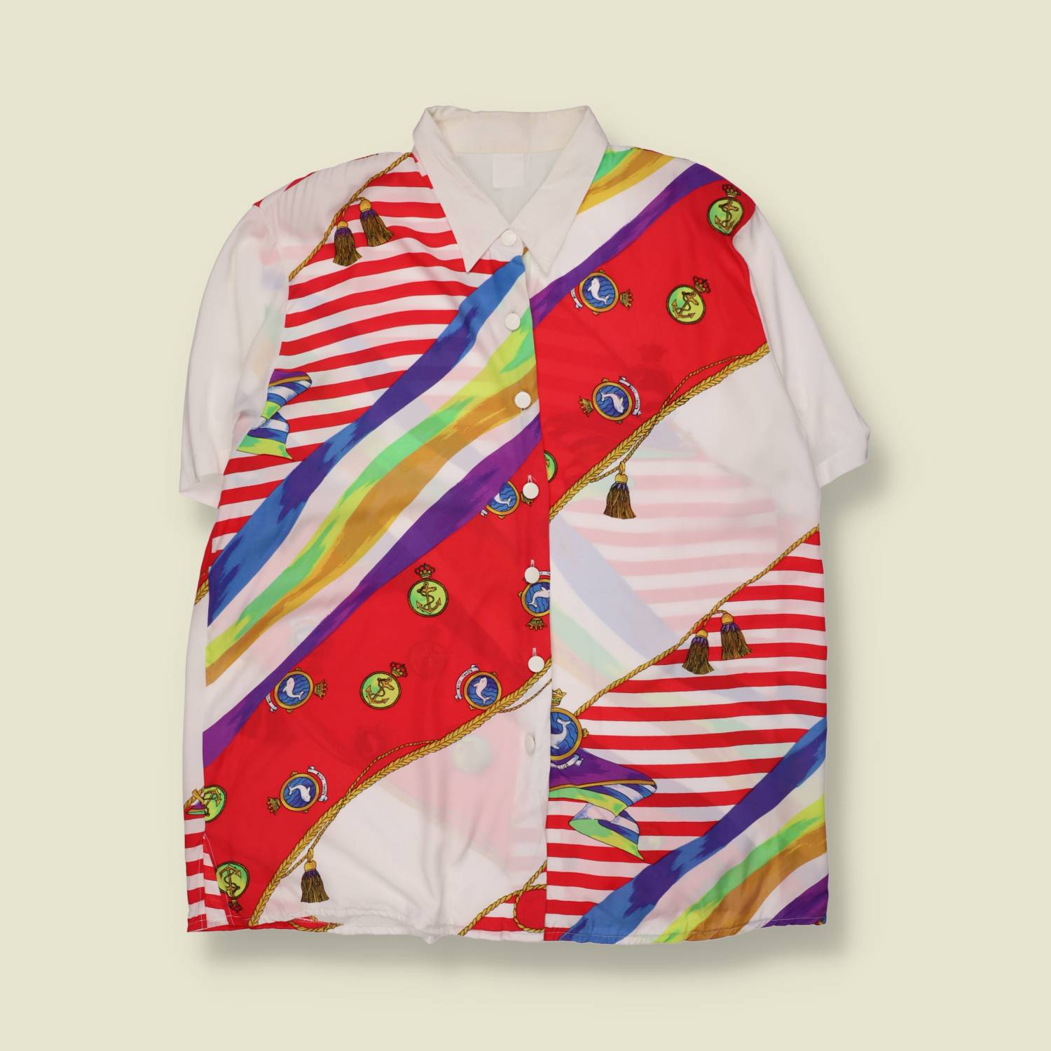 1980s | Nautical Print Blouse | Red & White - One size