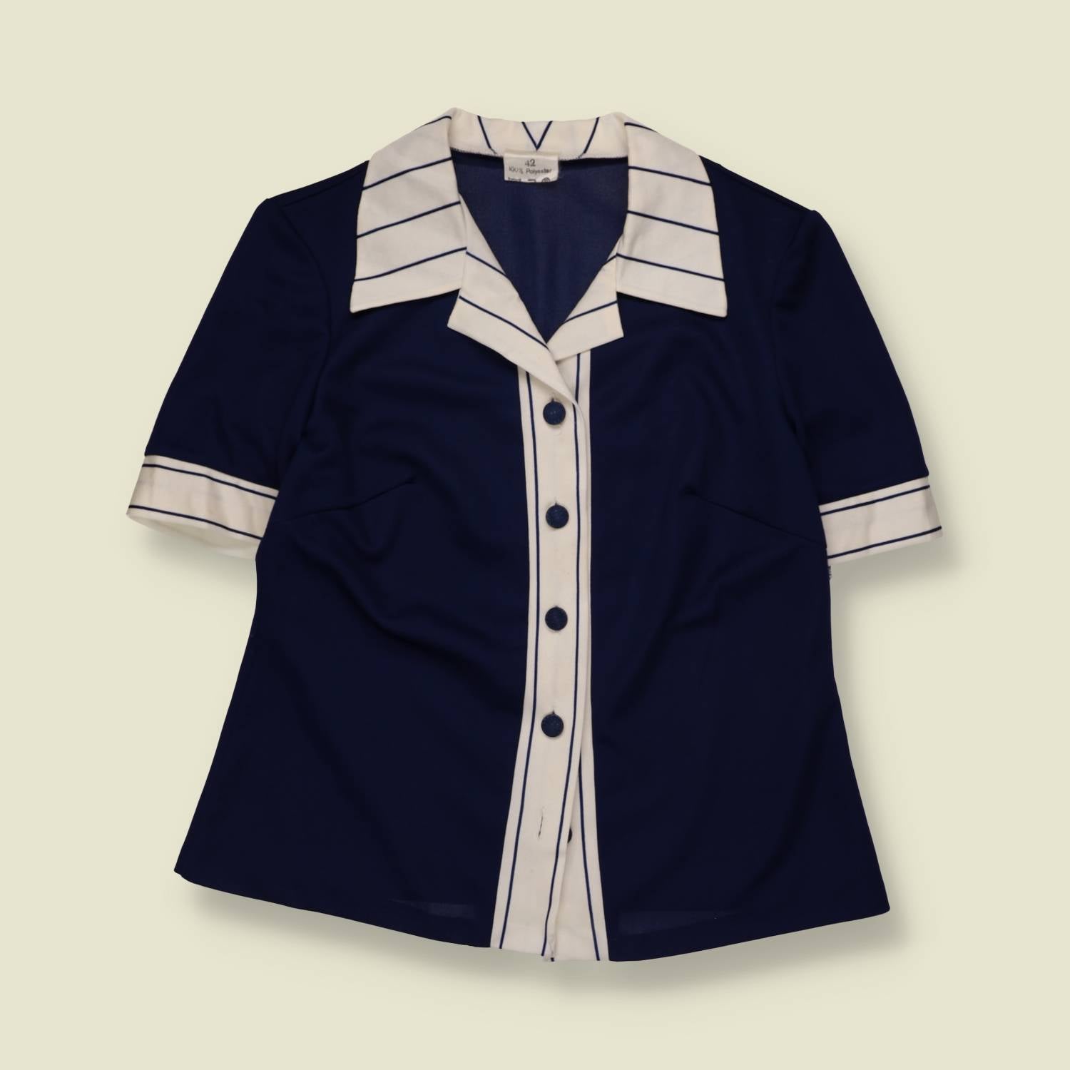 1960s | Polyester Blouse | Navy & White - 20