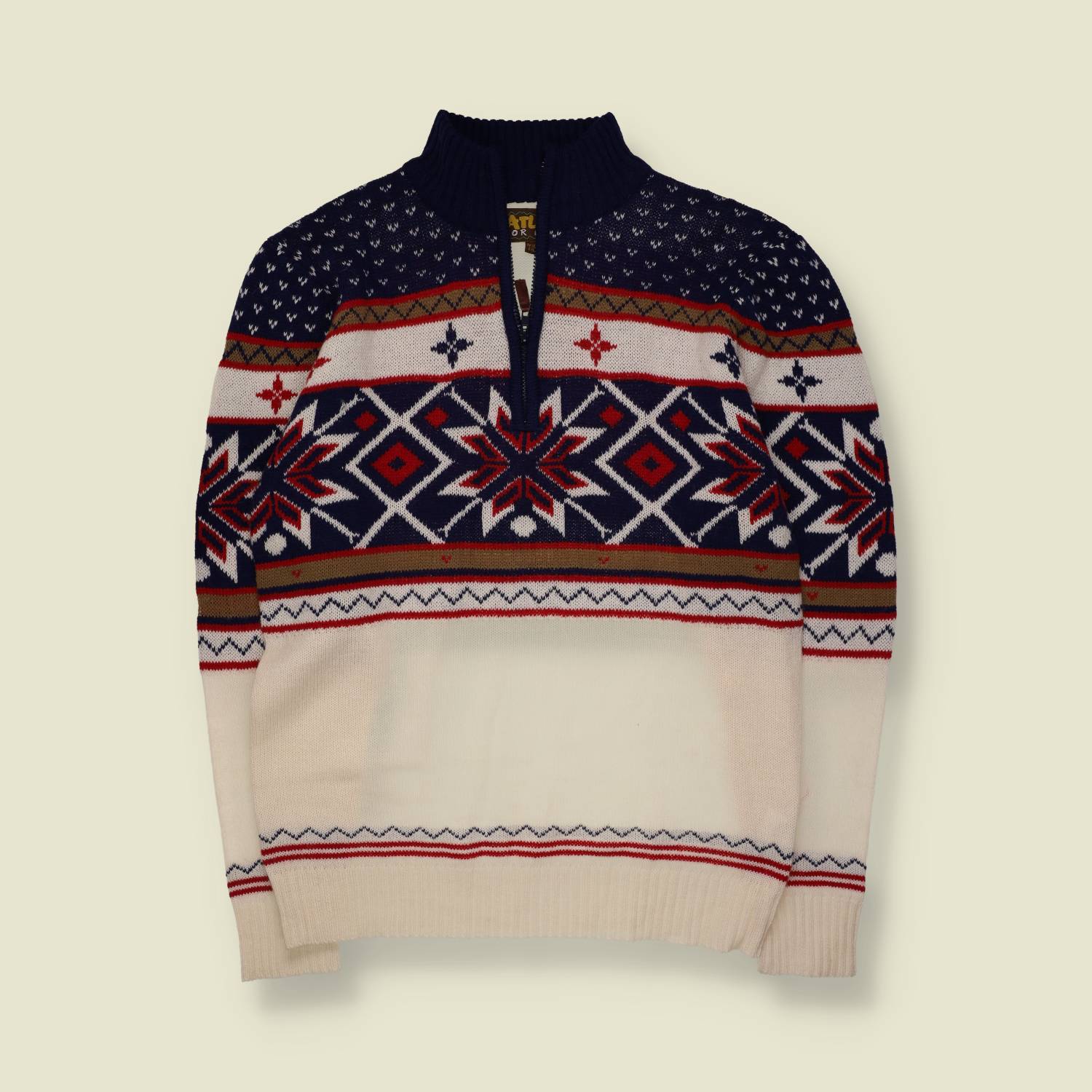 1990s | Atlas For Men | Fair Isle Quarter-Zip Knit | Navy & Cream - M