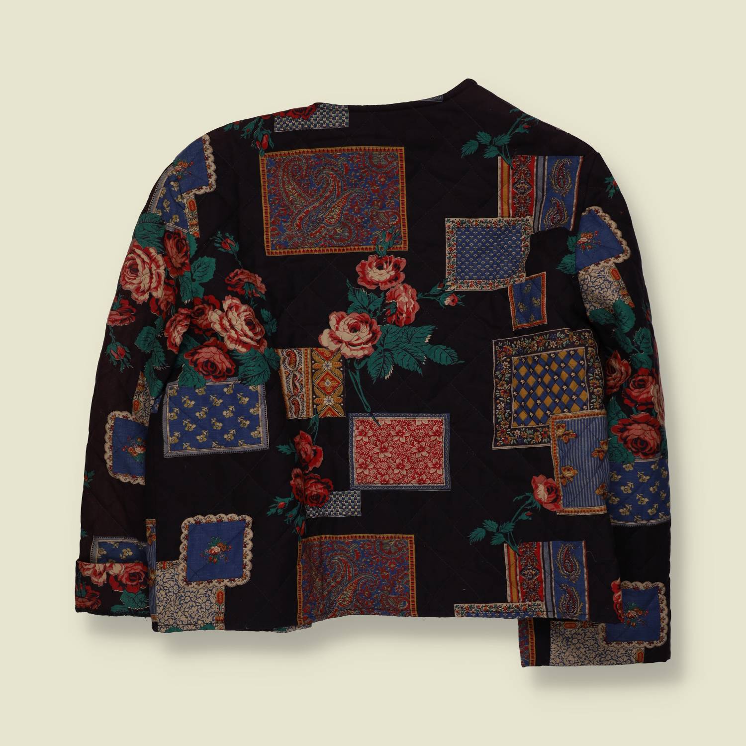 1980s | Quilted Patchwork Floral Open Jacket | Black Multi - 18