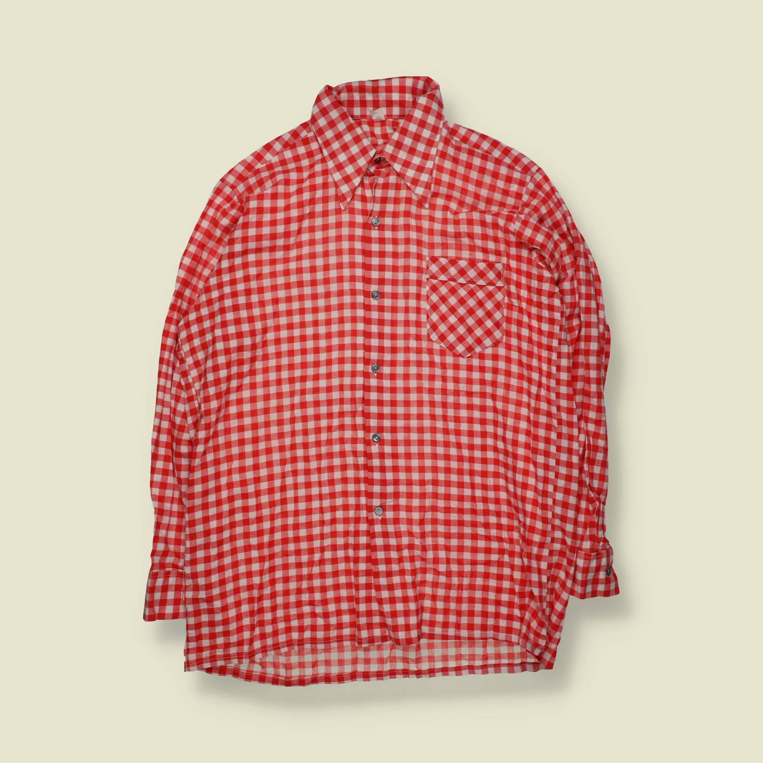 1970s | Long Sleeve Cotton Shirt | Red Gingham Check - XL
