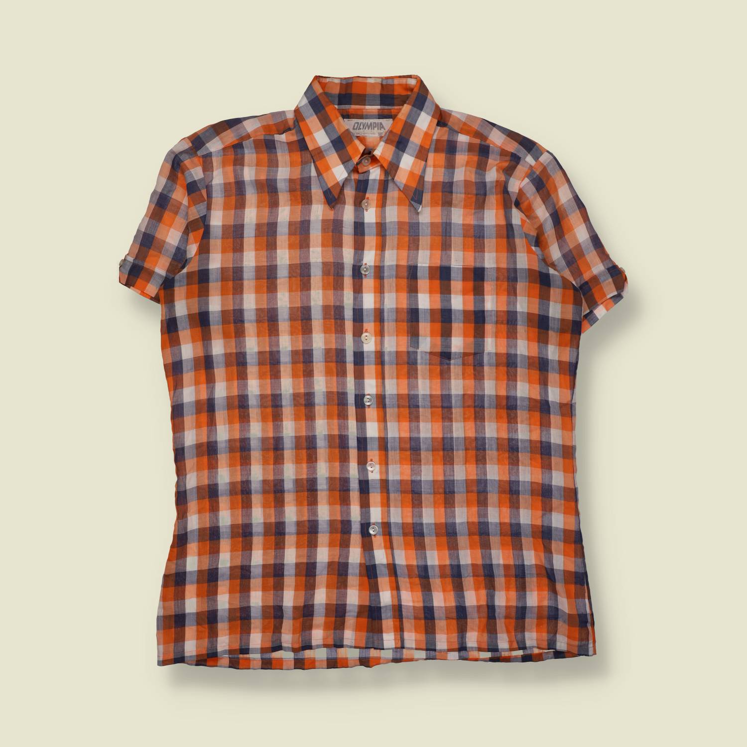 1970s | Olympian | Short Sleeve Shirt | Orange & Blue Check - XL