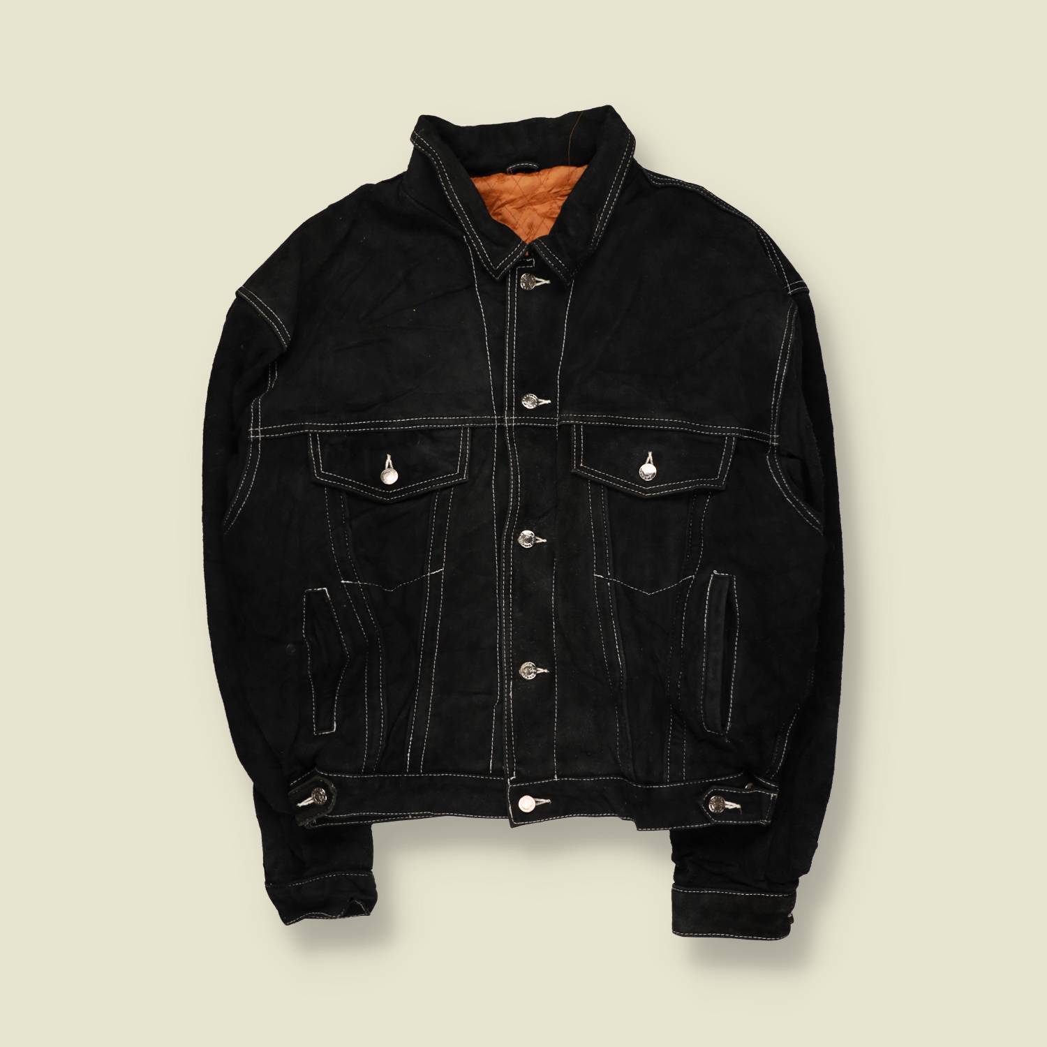 1970s–Early 1980s | Black Suede Trucker Jacket | Contrast Stitching – XL
