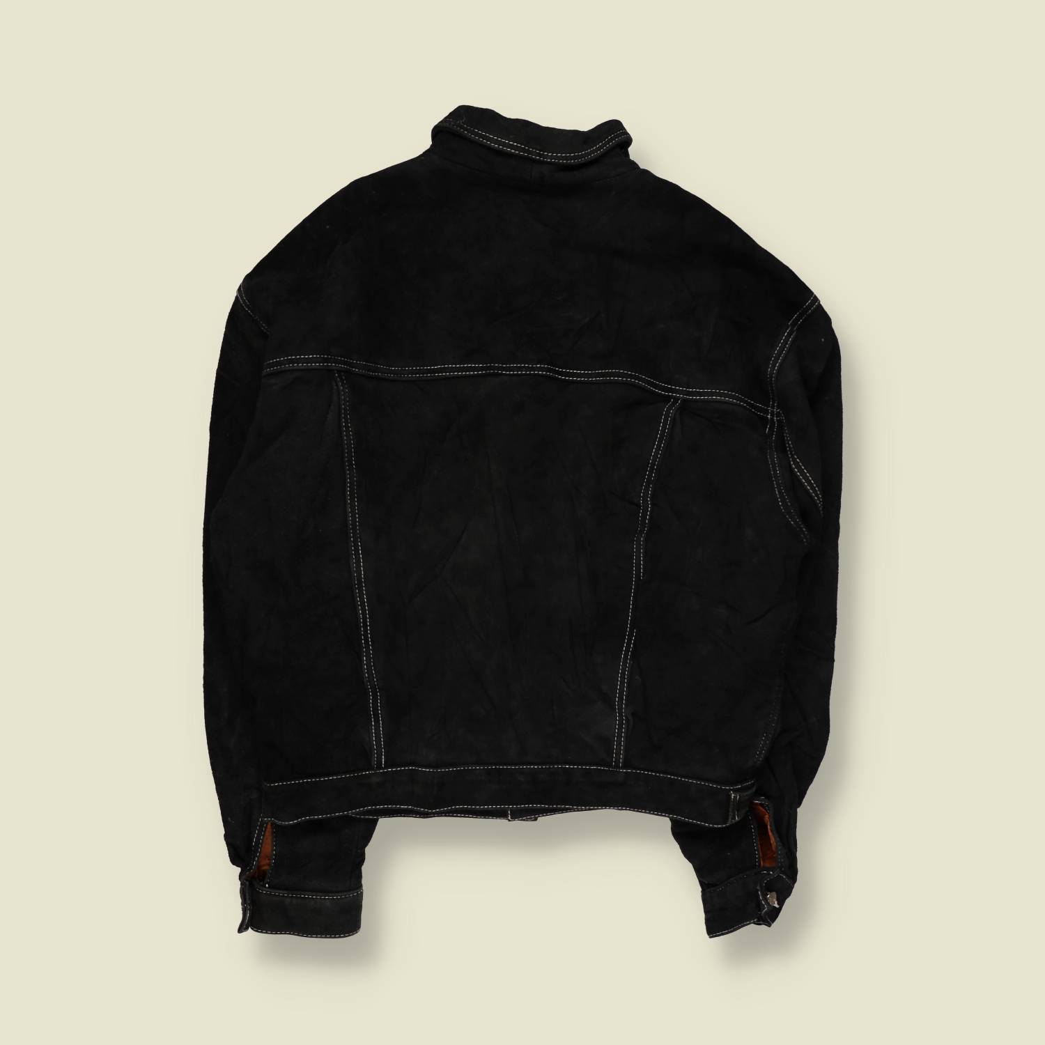 1970s–Early 1980s | Black Suede Trucker Jacket | Contrast Stitching – XL