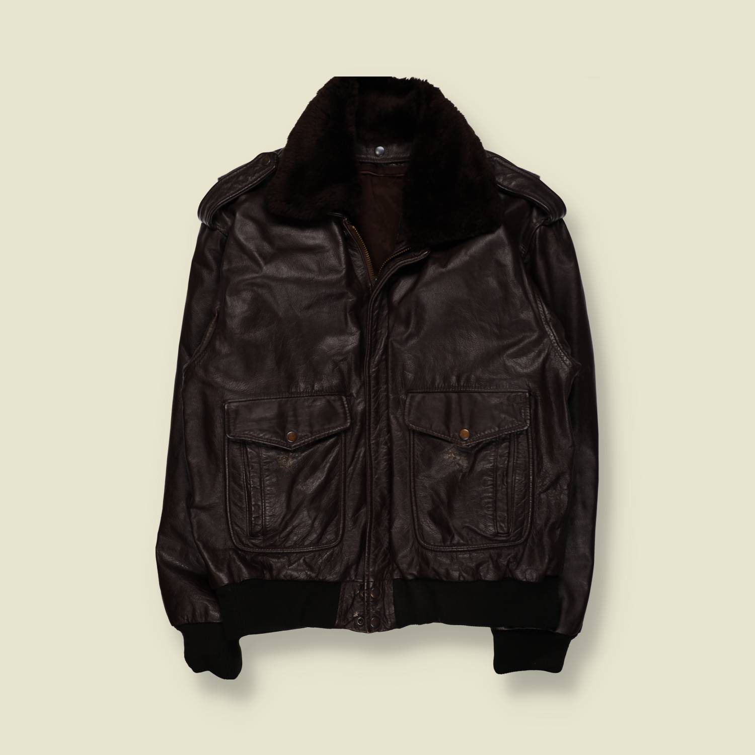 1980s | Black Leather Flight Jacket | Shearling Collar – XL