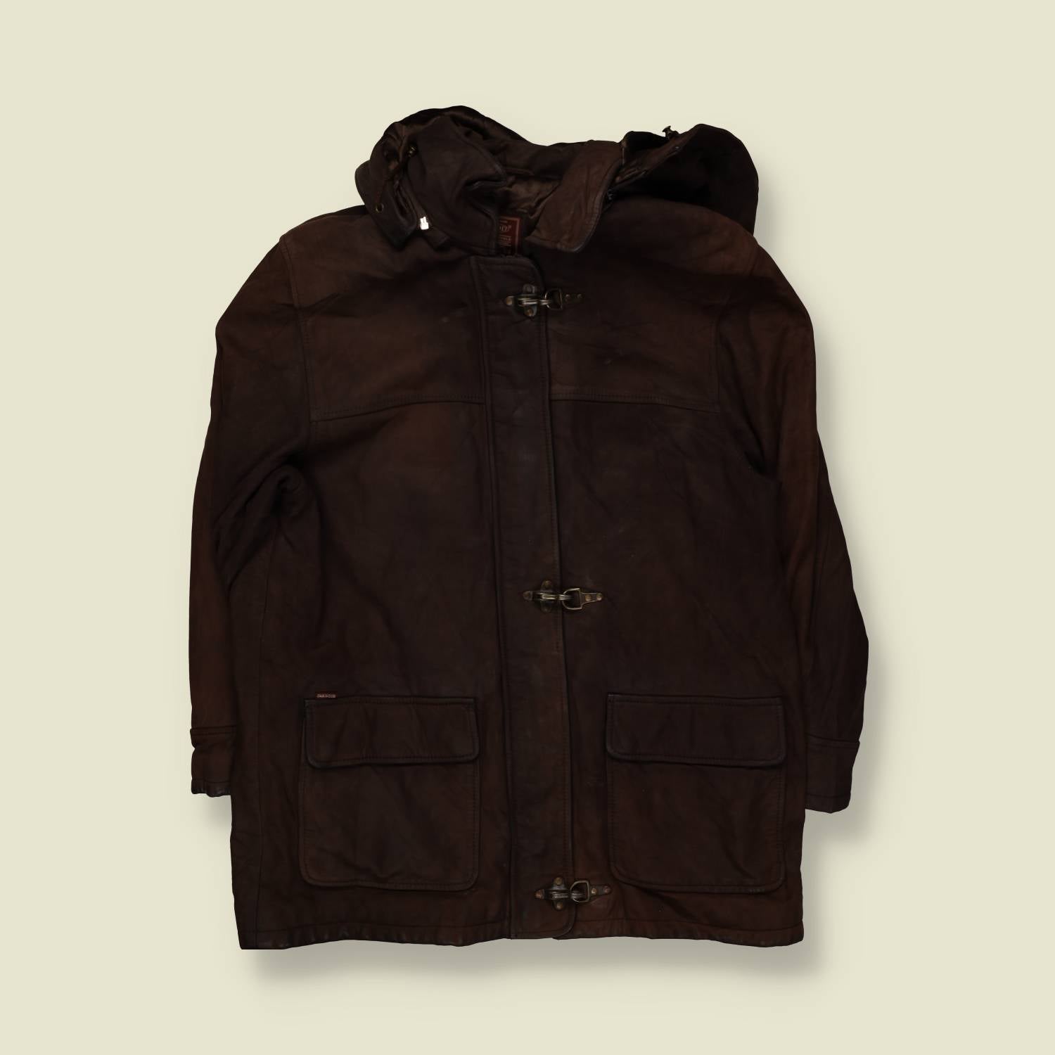 1980s–1990s | Suede Leather | Hooded Toggle Coat | Dark Brown – M