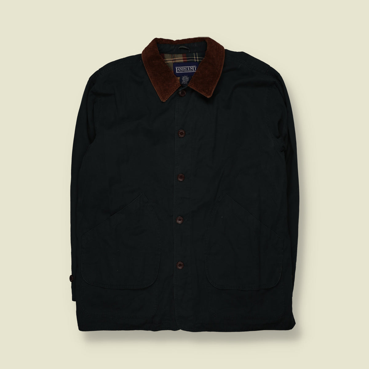 1990s | Lands' End | Plaid Lined Barn Coat with Corduroy Collar | Black - XXL