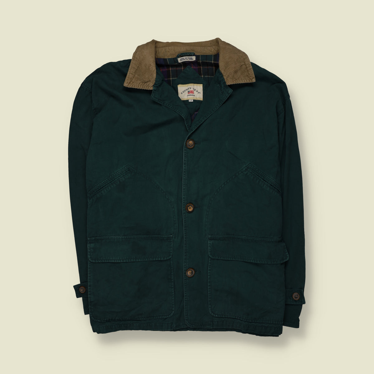 1990s | County Seat | Plaid Lined Barn Coat with Corduroy Collar | Dark Green - 5XL