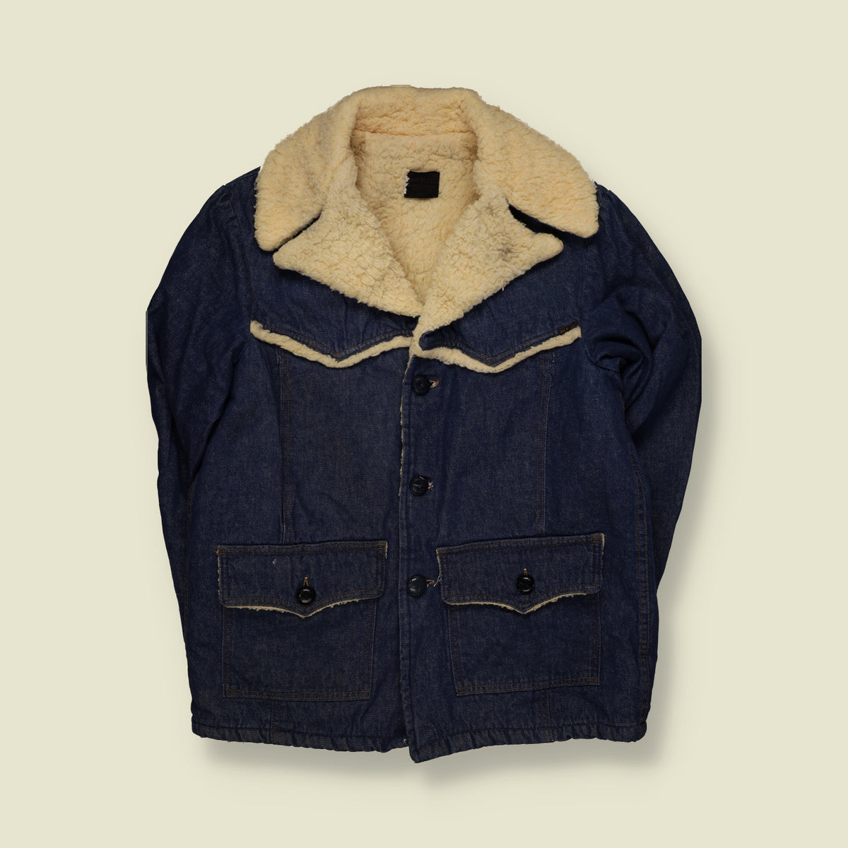 1970s | Sears | Sherpa Lined Denim Ranch Jacket with Western Yoke | Dark Blue - L