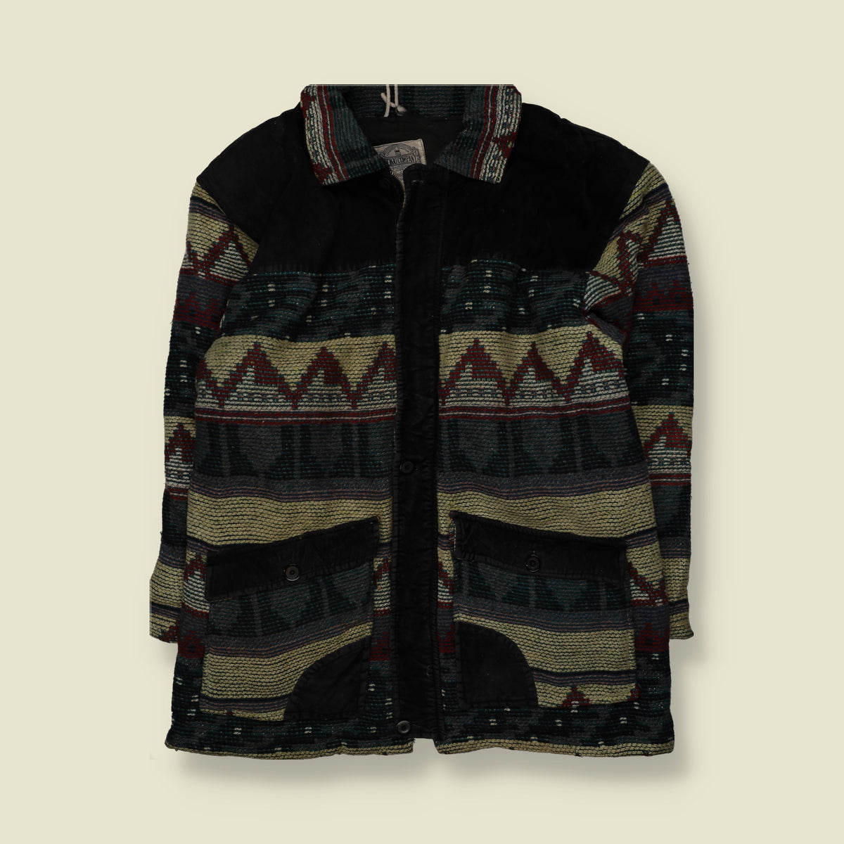 1990s | Utkulo | Aztec Geometric Pattern Coat with Contrast Panels | Black, Green & Burgundy - XXL