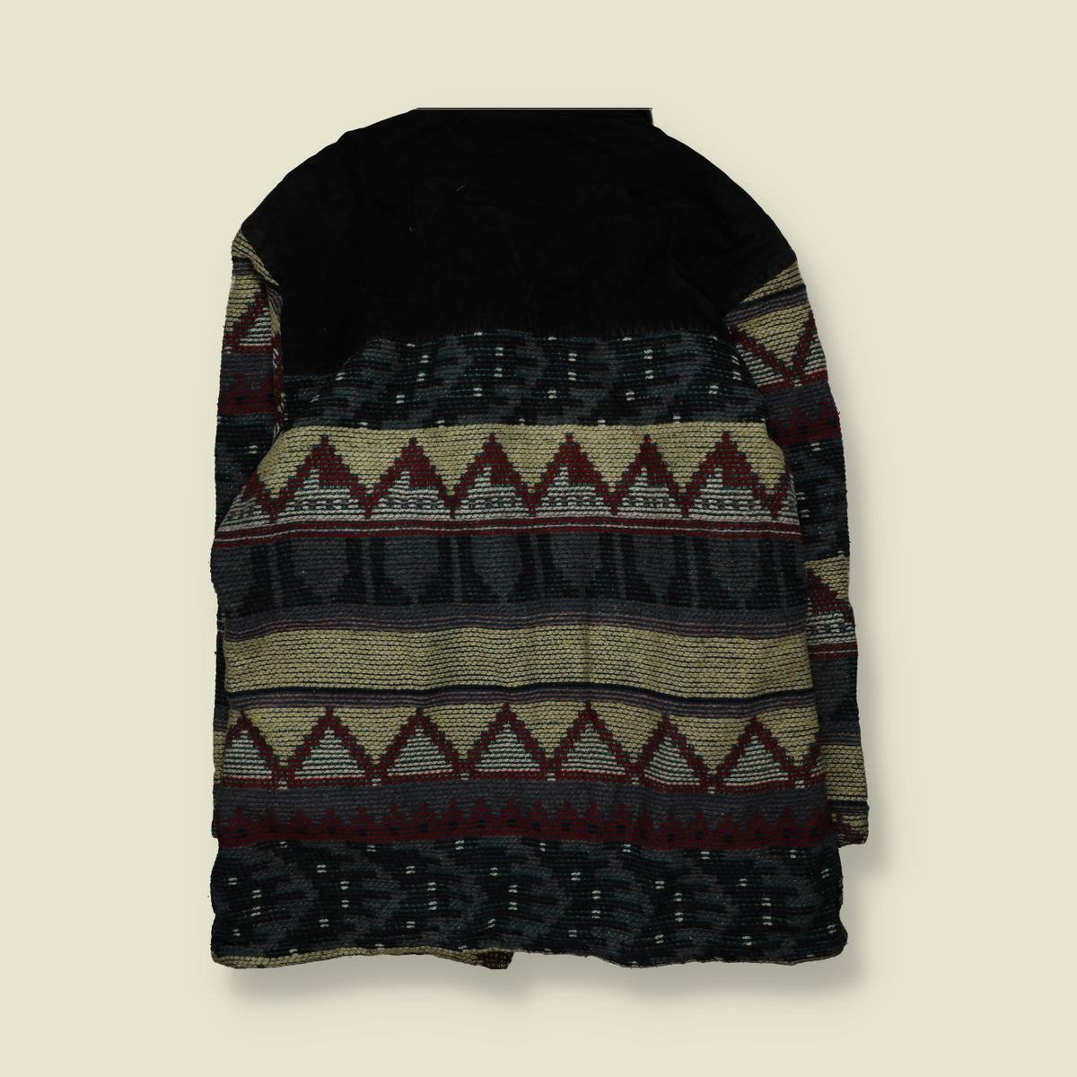 1990s | Utkulo | Aztec Geometric Pattern Coat with Contrast Panels | Black, Green & Burgundy - XXL