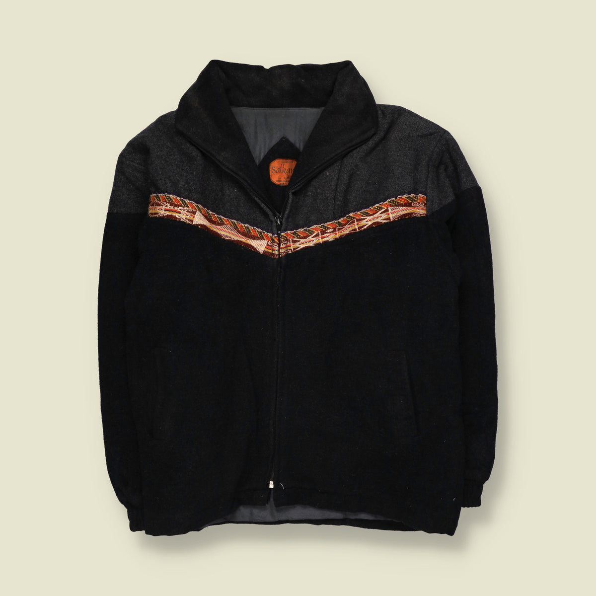 1990s | Salkanto | Alpaca Wool Bomber Jacket with Aztec Pattern Trim | Black & Grey - XXL