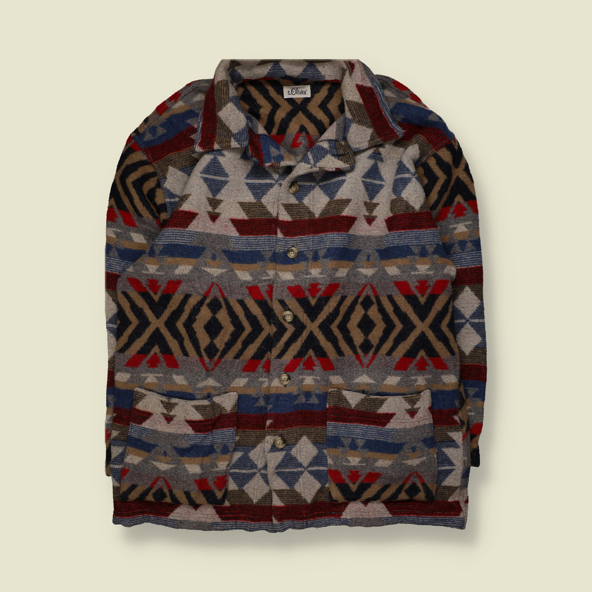 2000s | s.Oliver | Aztec Geometric Pattern Overshirt with Patch Pockets | Multicolour - 3XL