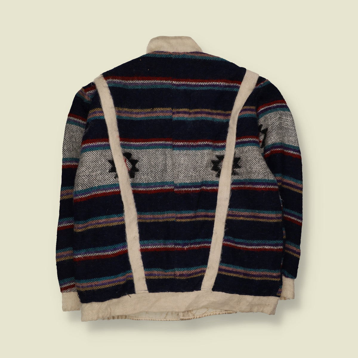 1980s | Nepalese Cotton Striped Jacket with Toggle Fastenings & Contrast Trim | Navy & Cream - XL
