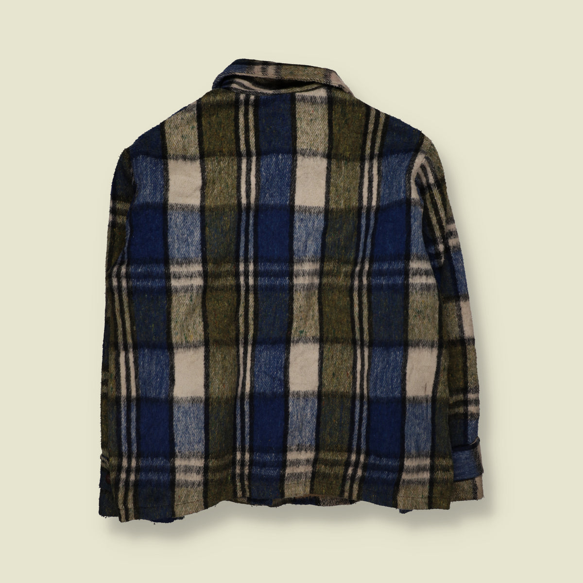 1970s | Heavyweight Plaid Check Work Jacket with Four Pockets | Blue, Green & Cream - XL