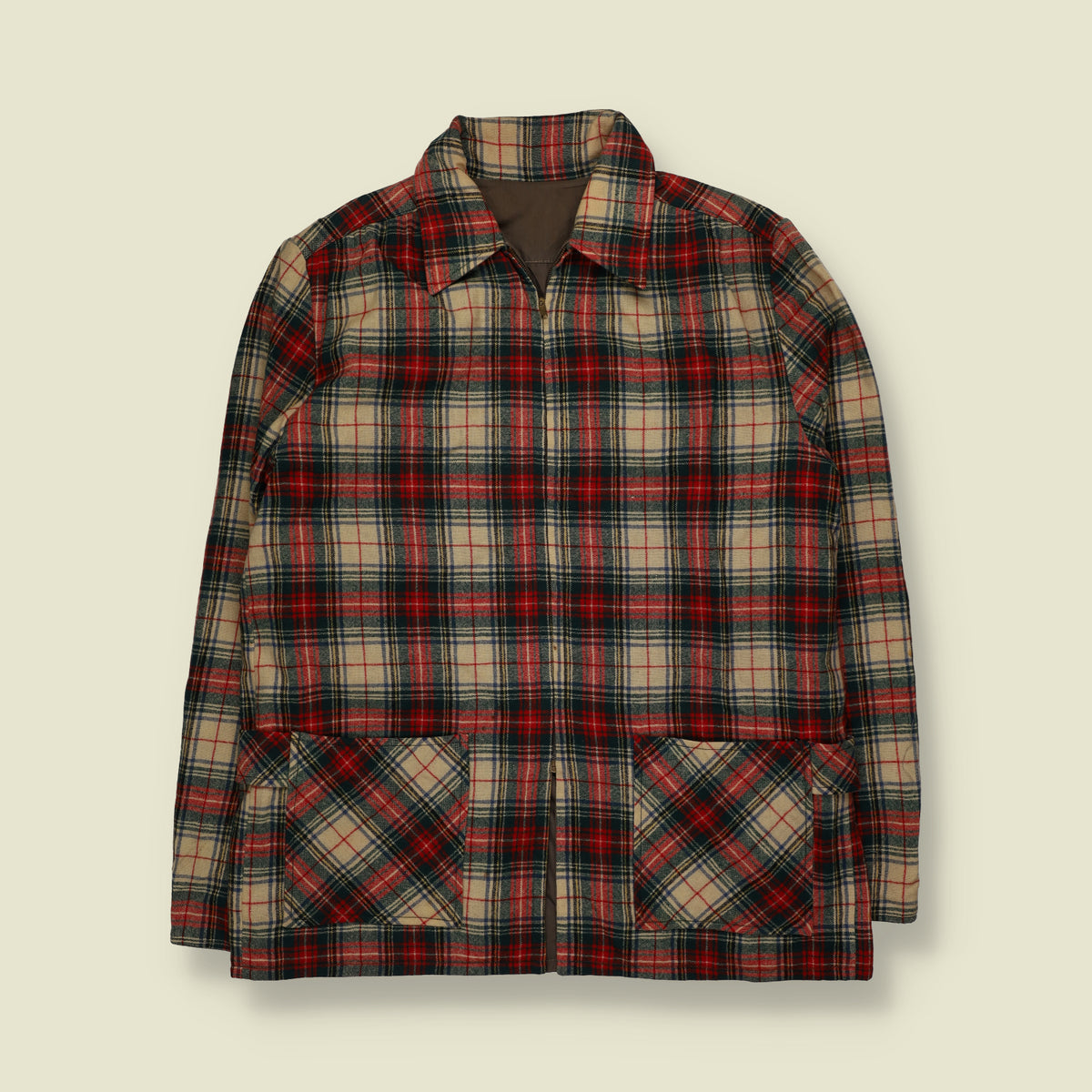 1950s | Reversible Lightweight Plaid Check Zip-Up Work Jacket | Brown, Red, Navy & Cream - S