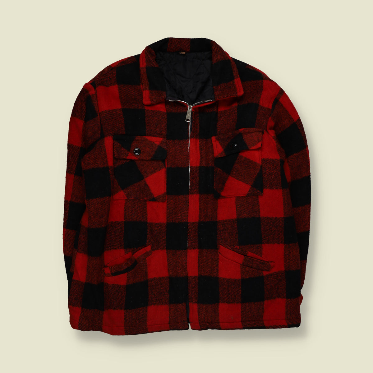 1960s | Buffalo Plaid Check Quilted Lined Zip-Up Lumberjack Work Jacket | Red & Black - XXL