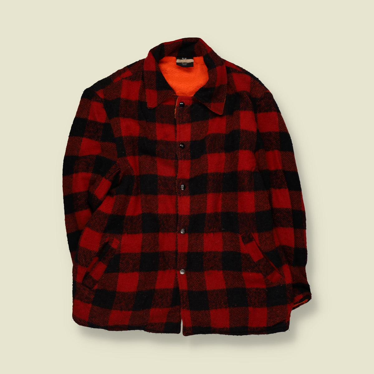 1970s | Reversible Buffalo Plaid Check Snap-Front Work Jacket | Red, Black & Orange - L
