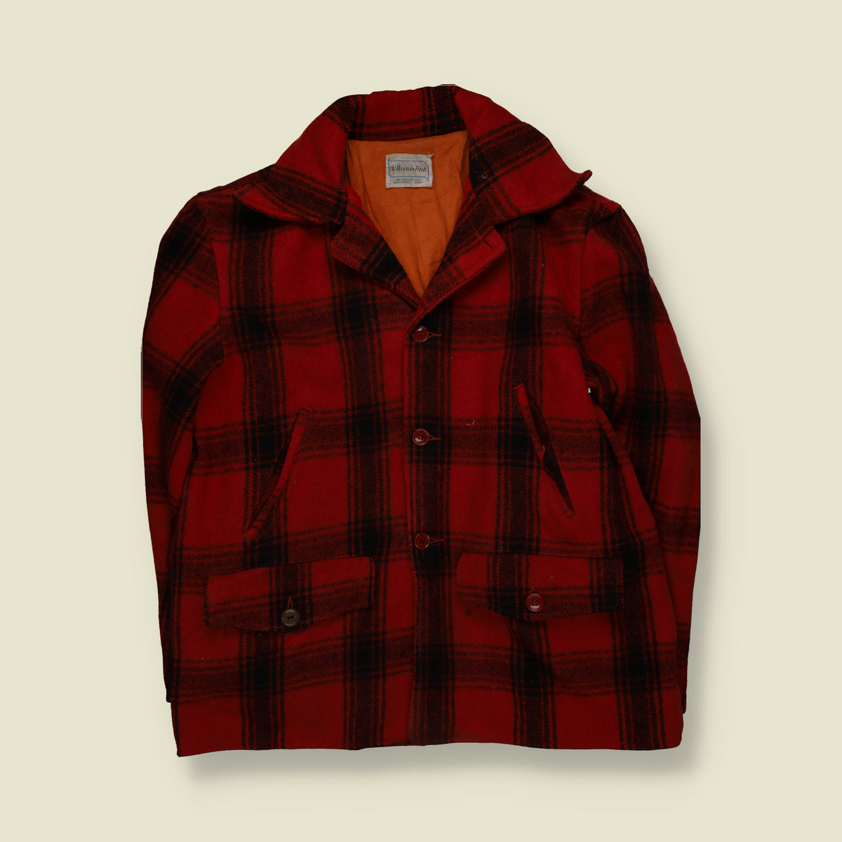 1960s | Western Field | Lined Plaid Mackinaw Coat | Red & Black - XL