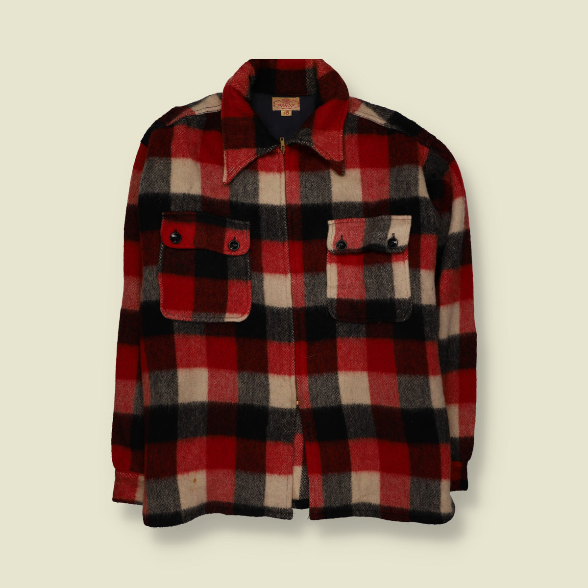 1970s | Brent | Heavyweight Plaid Check Zip-Up Lumberjack Work Jacket | Red, Black & Cream - 5XL