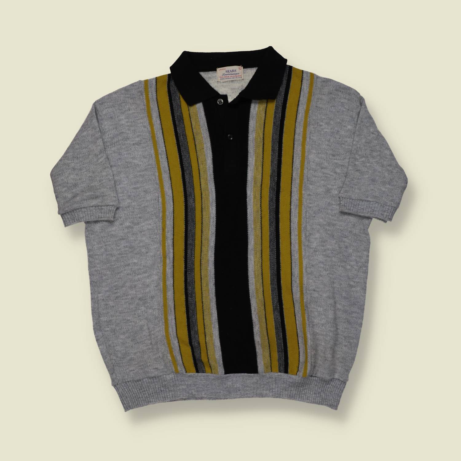 1960s | Sears | Knit Polo – Grey with Mustard & Black Stripe - M