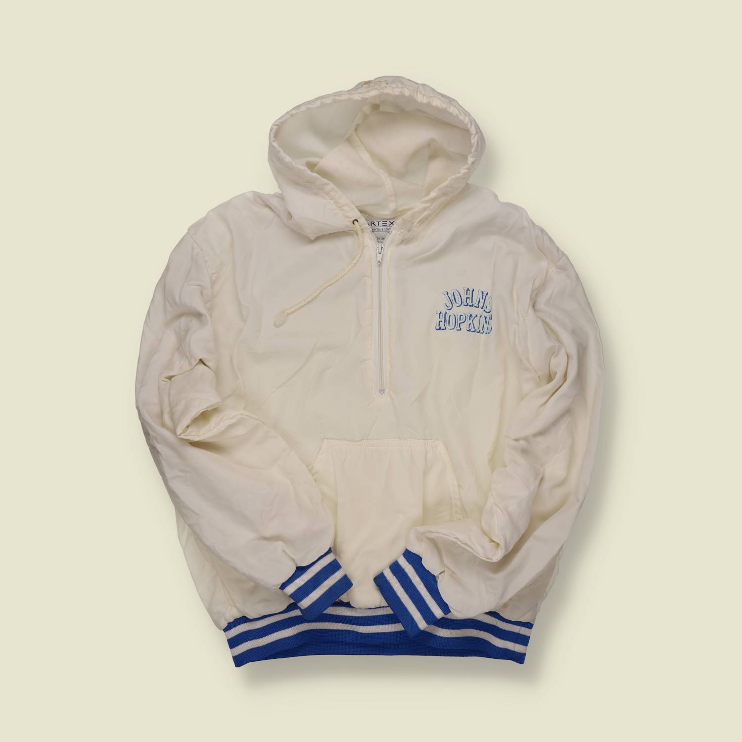 1980s | Artex | Johns Hopkins Half-Zip Hoodie – Cream & Blue - S/M