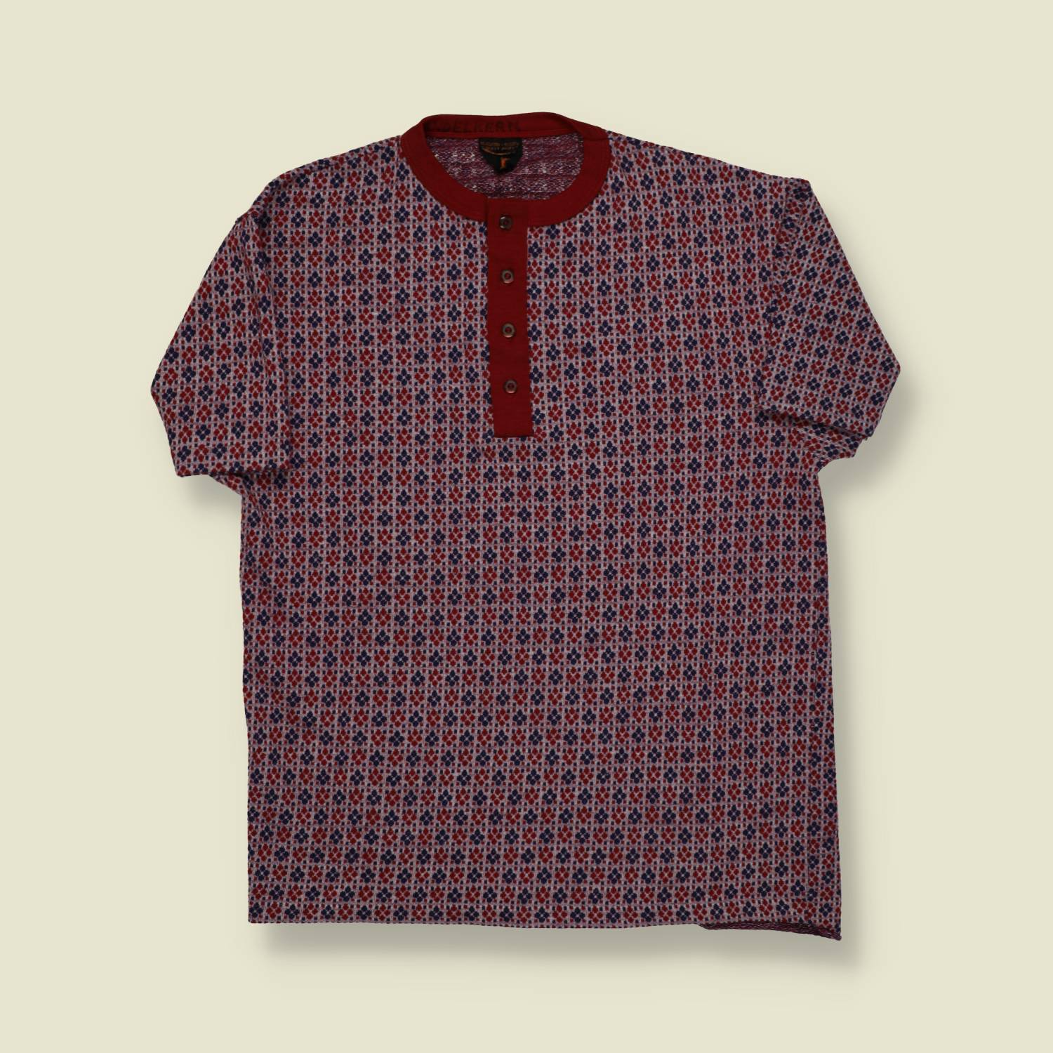 1960s–70s | Perma Press | Patterned Henley Shirt – Burgundy & Blue - S