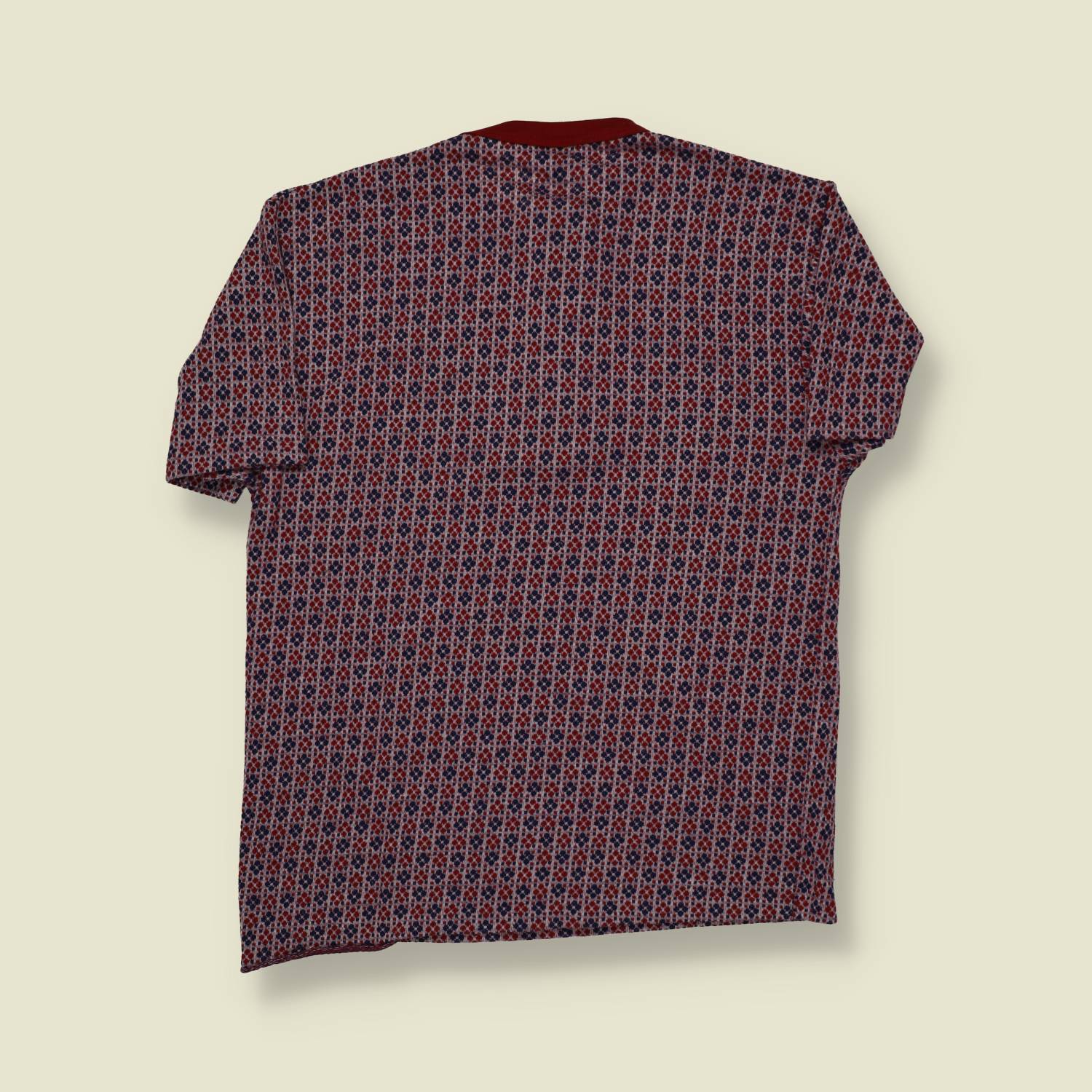 1960s–70s | Perma Press | Patterned Henley Shirt – Burgundy & Blue - S