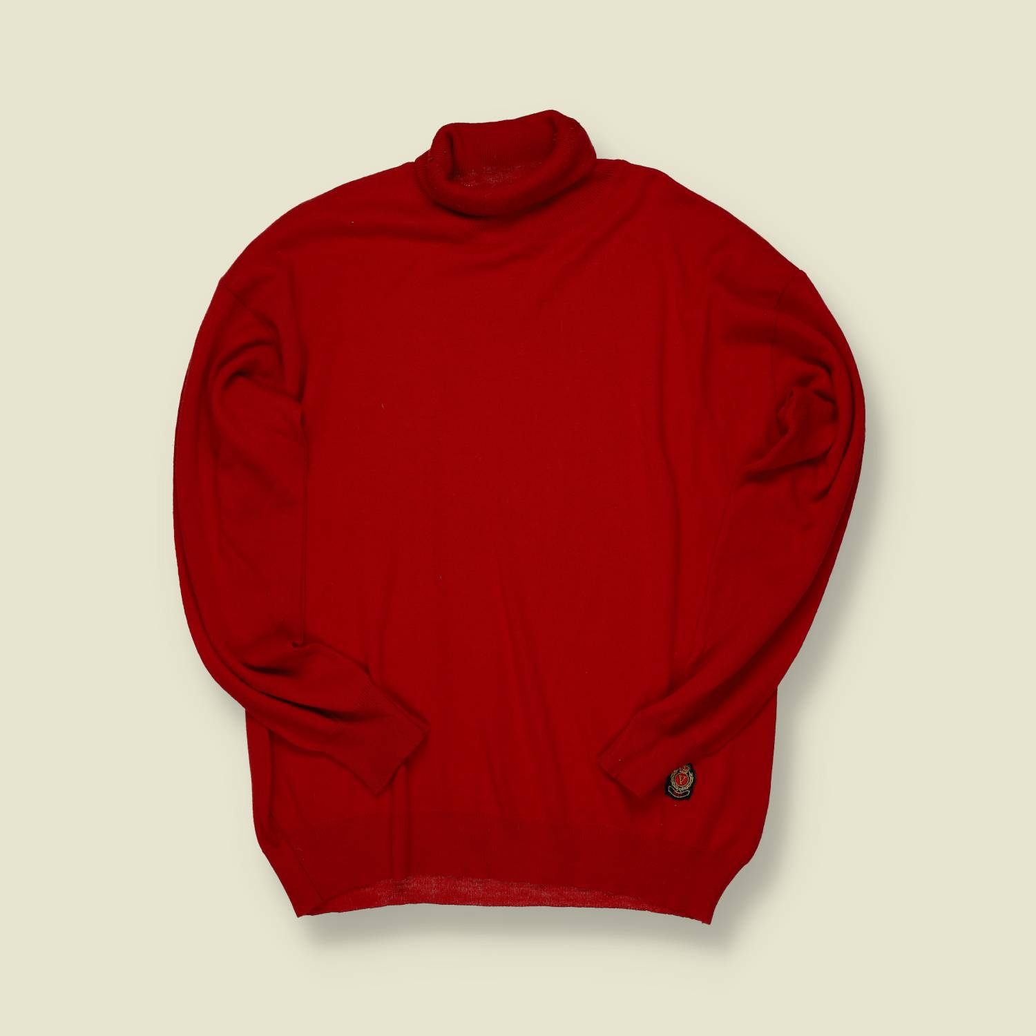 1970s | Unknown Maker | Red Roll Neck Jumper – Crest Badge Detail - S