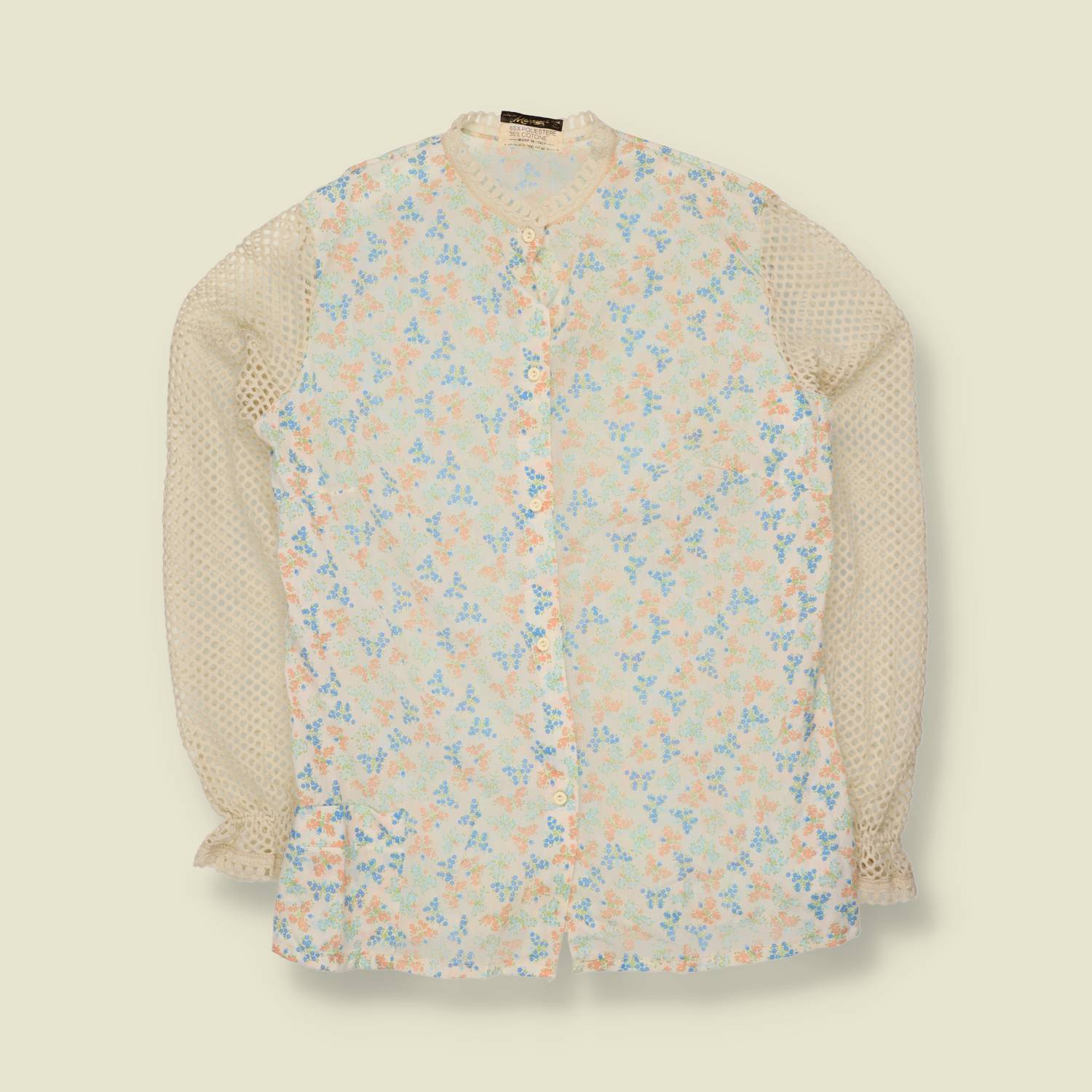 1970s | Made In Italy | Crochet Sleeve Top | Cream Floral - 14