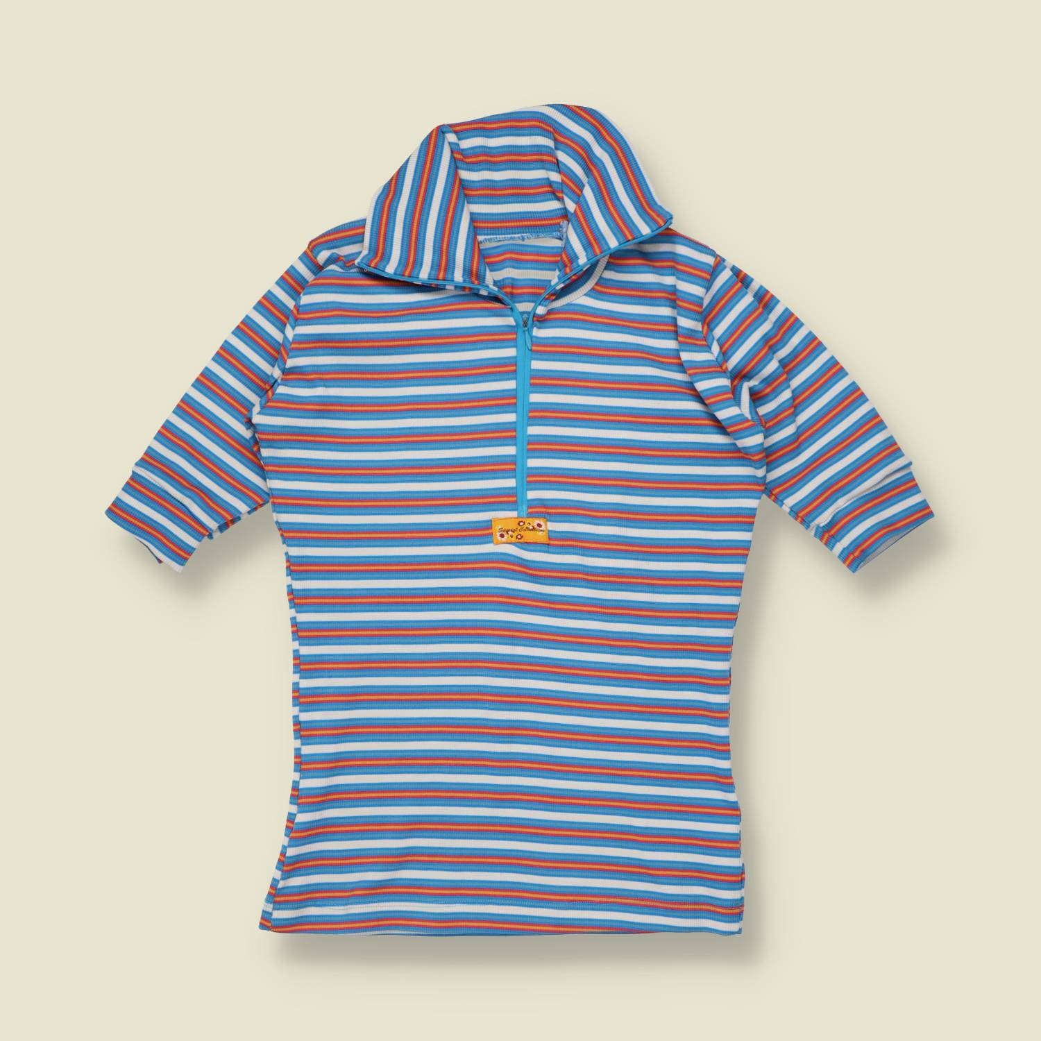 1990s does 70s | Special Collection | Striped Zip Neck Top | Blue, White & Orange - 8