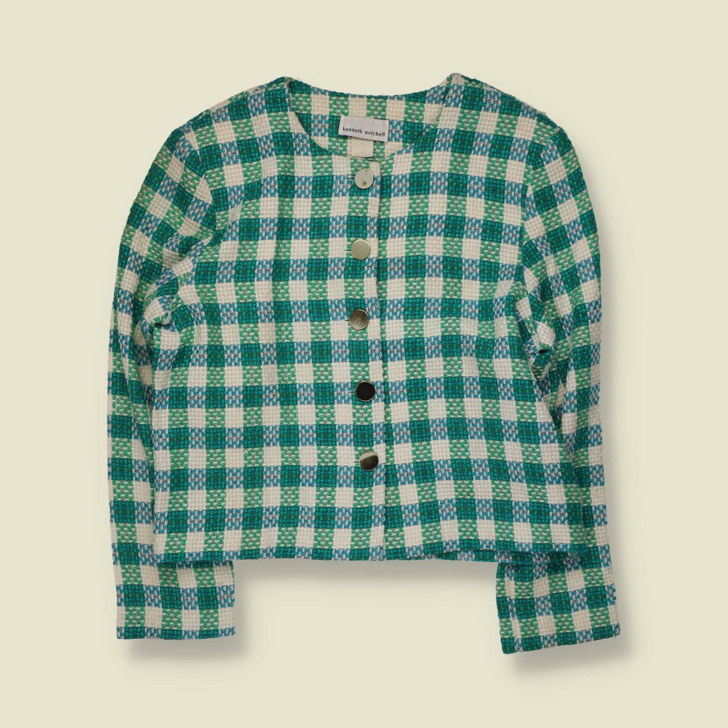 1980s | Kenneth Mitchell | Wool Mix Blazer | Green, Blue & Cream - 14