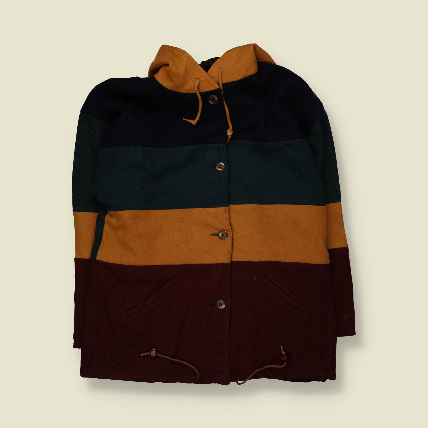 1980s | Braeton | Made In USA | Hooded Wool Coat | Burgundy, Mustard & Green - 18