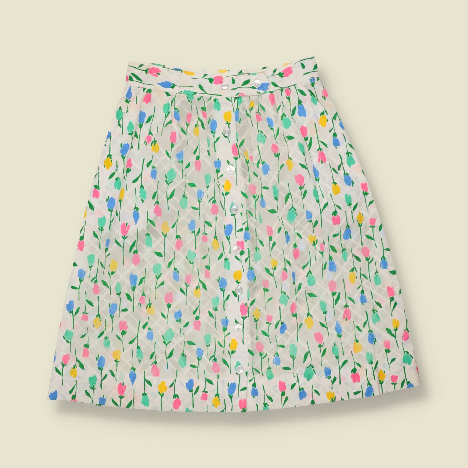 1980s | Floral Skirt | White -w28