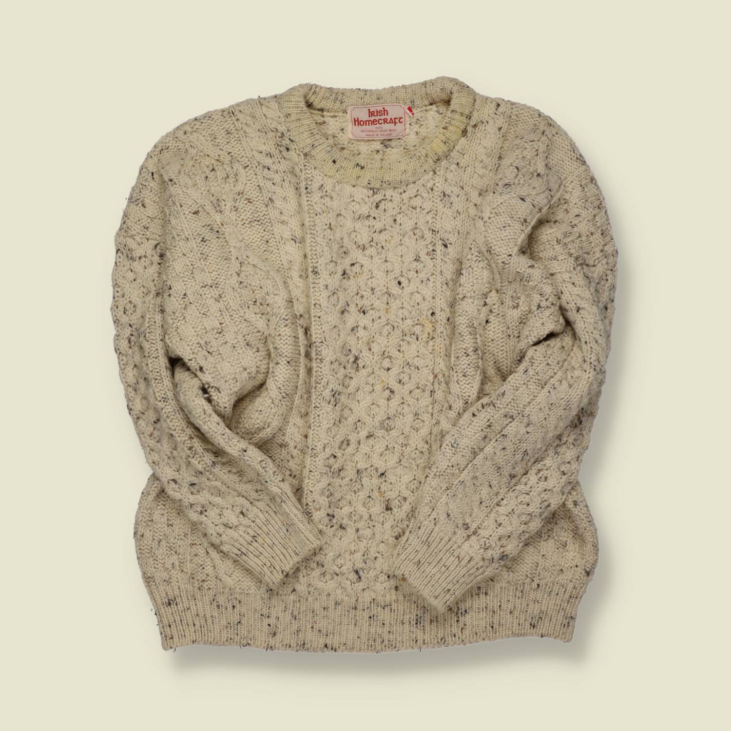 1970s-80s | Irish Homecraft Hand-Knit Donegal-Fleck Aran Jumper – Oatmeal Nep - L