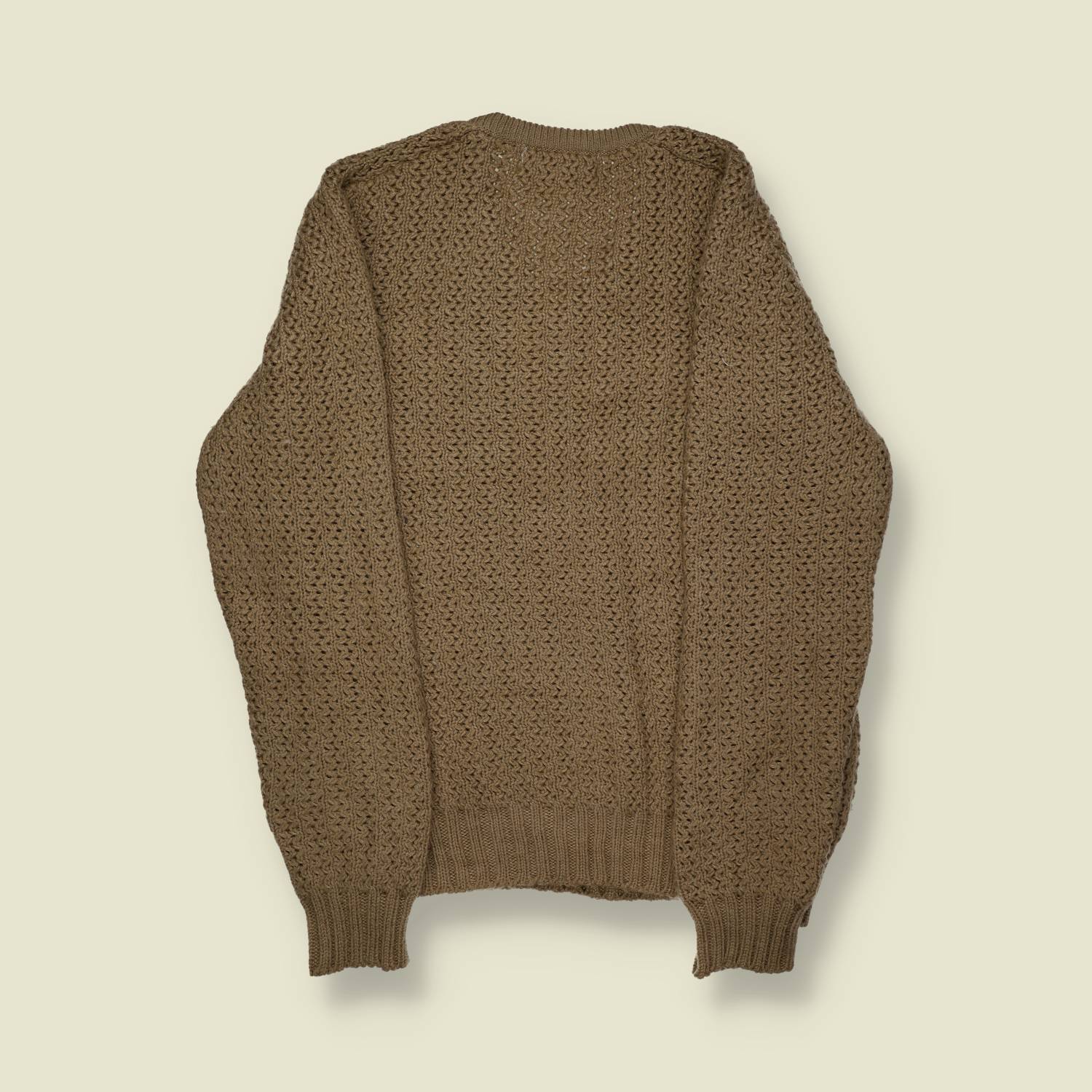 1970s | Woodlake Hand-Knit V-Neck Fisherman Jumper – Olive Brown - M/L