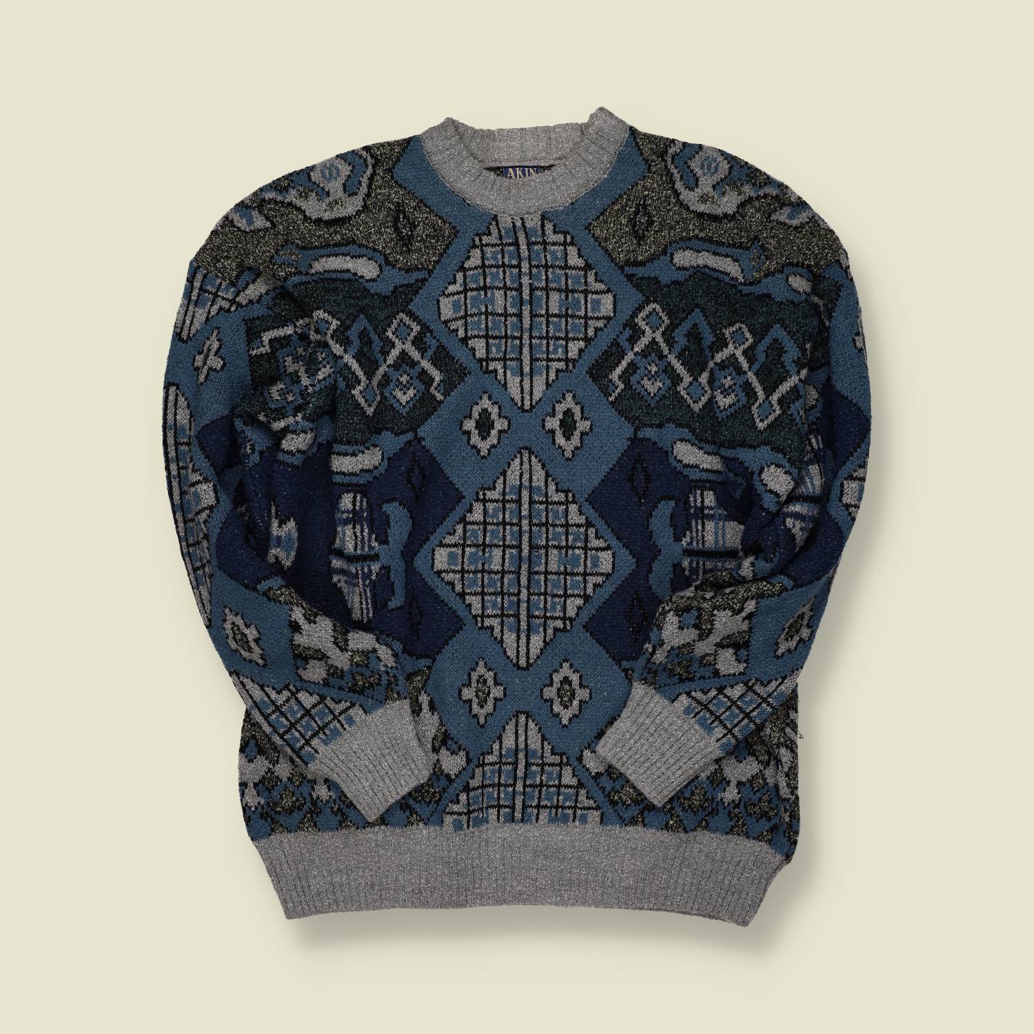 1990s | Akin (Made in Italy) Pattern Knit – Blue & Grey - L
