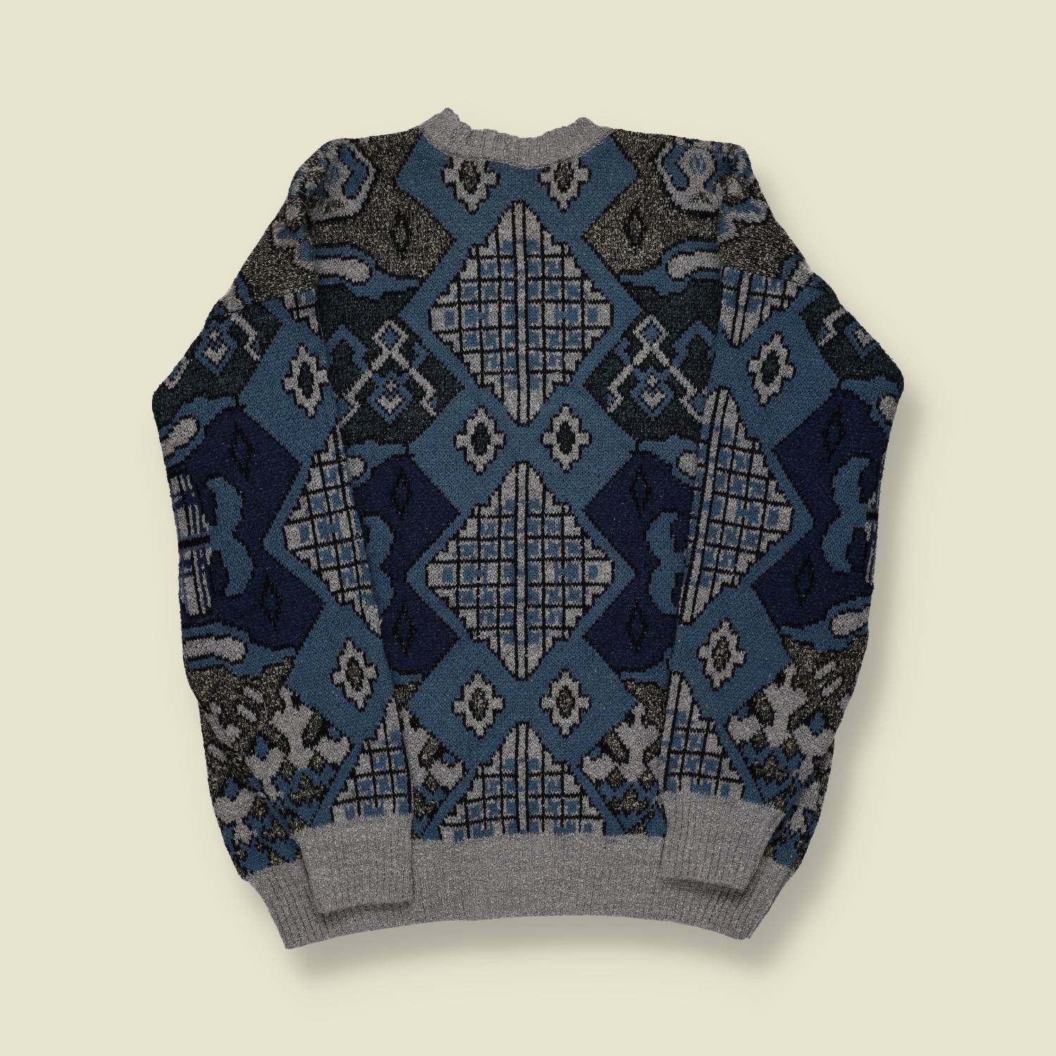 1990s | Akin (Made in Italy) Pattern Knit – Blue & Grey - L