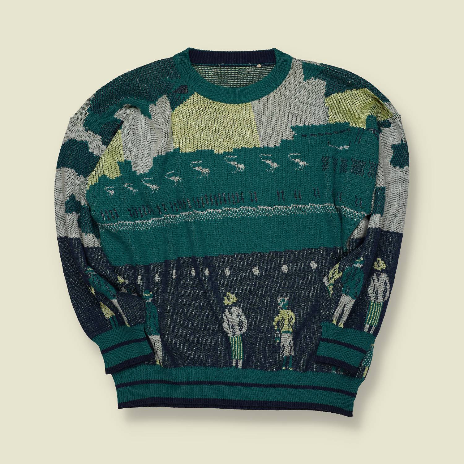 1980s–90s | Scene Knit Jumper – Golf Course Crowd – Teal, Grey & Navy - M