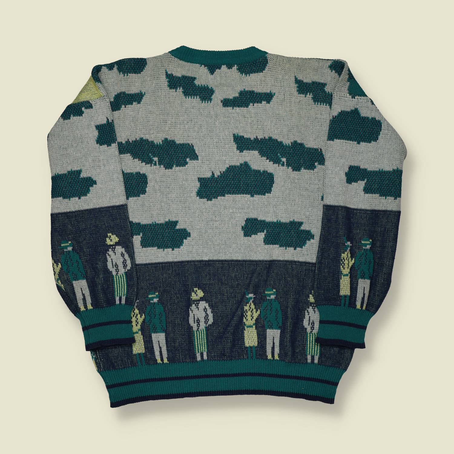 1980s–90s | Scene Knit Jumper – Golf Course Crowd – Teal, Grey & Navy - M