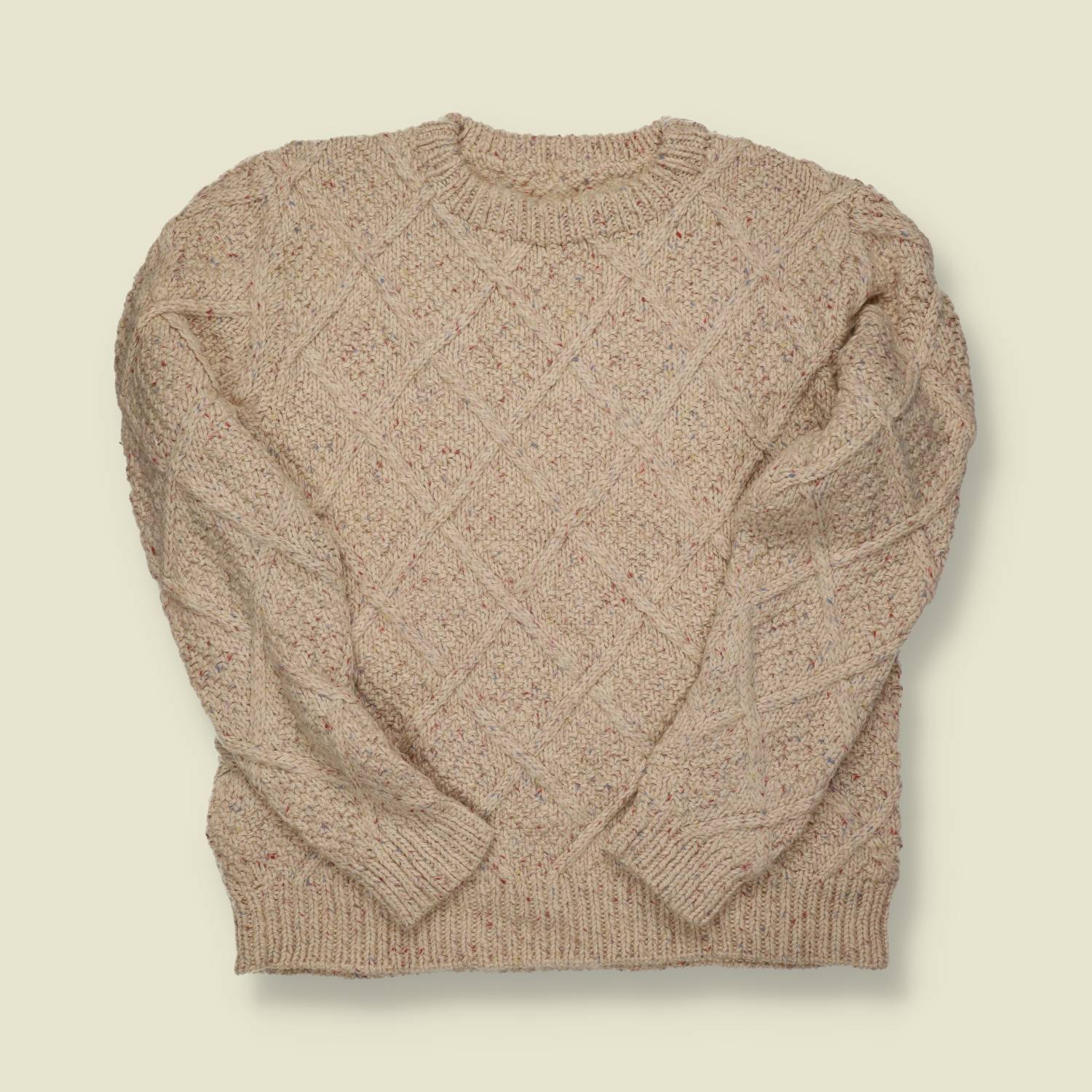 1970s-80s | Hand-Knit Diamond-Fleck Fisherman Jumper – Oatmeal Donegal Wool -S/M