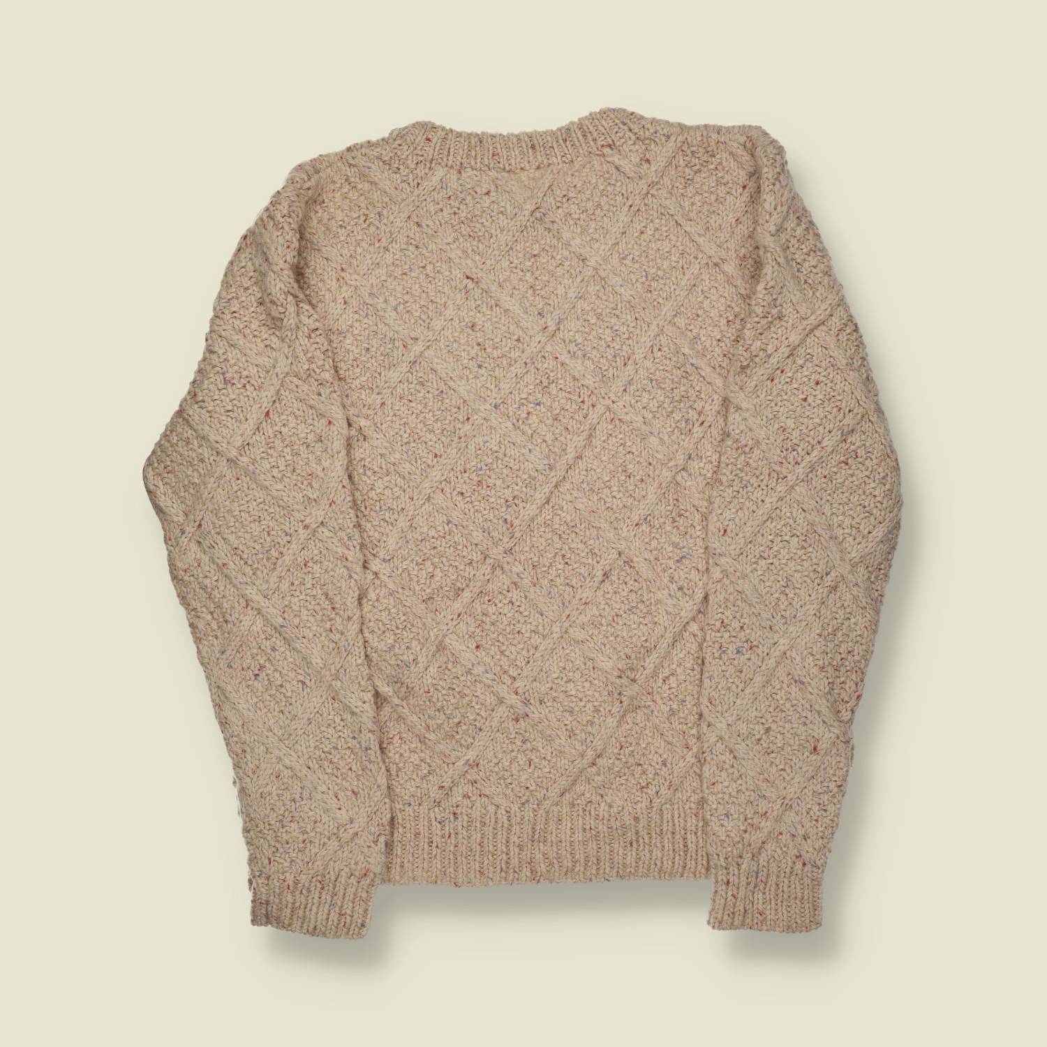 1970s-80s | Hand-Knit Diamond-Fleck Fisherman Jumper – Oatmeal Donegal Wool -S/M