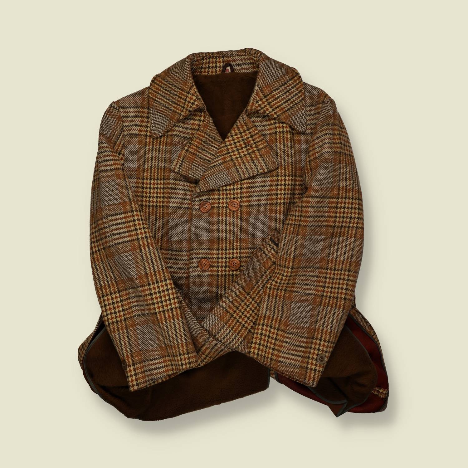 1970s | Unlabelled | Wool Plaid Car Coat – Brown/Tan Check, Pile-Lined – Double-Breasted - S